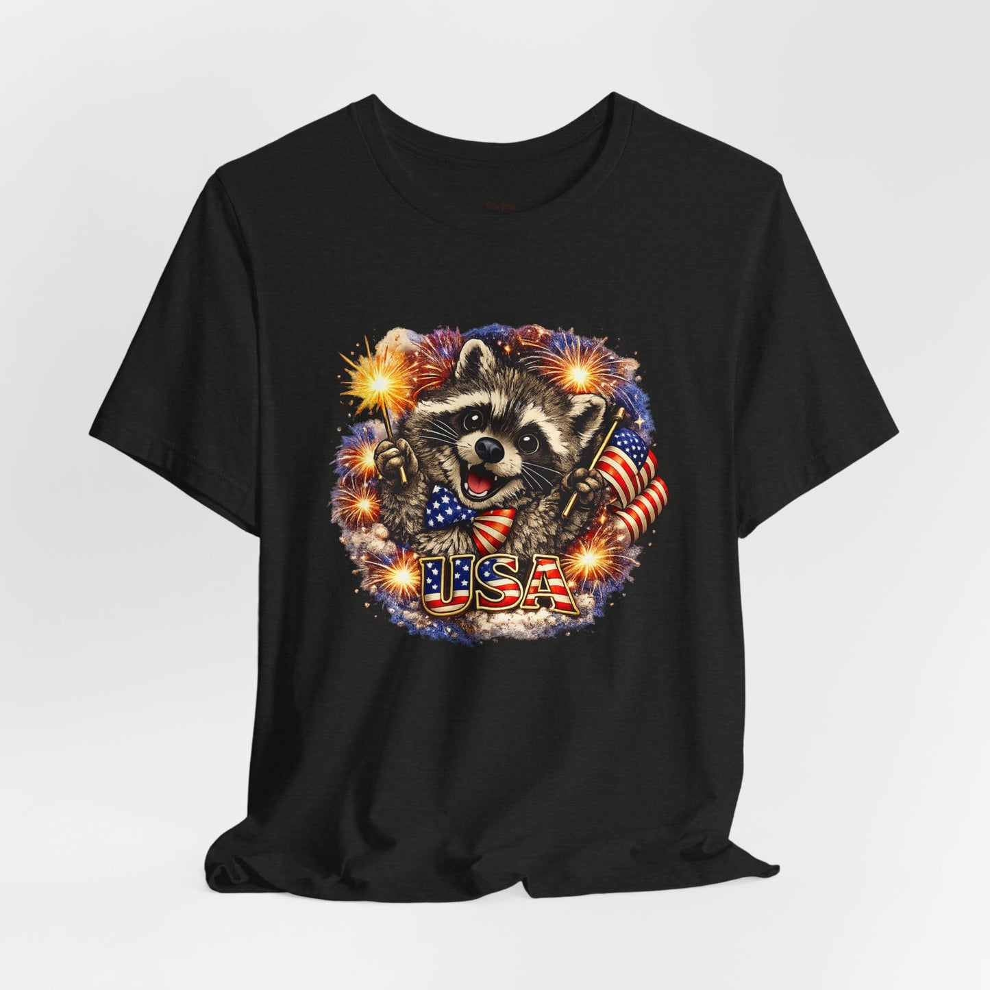 Patriot Raccoon 250th Anniversary T-Shirt — 4th of July Fireworks Flag Tee
