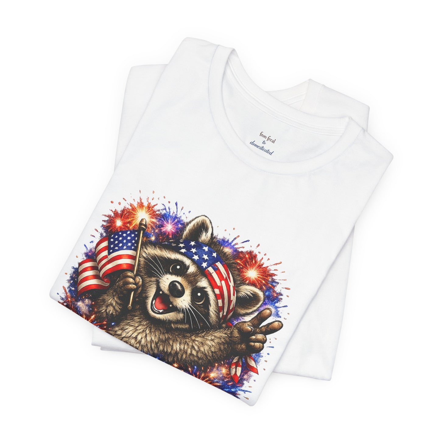 Patriot Raccoon 250th Anniversary T-Shirt — 4th of July Fireworks Flag Tee