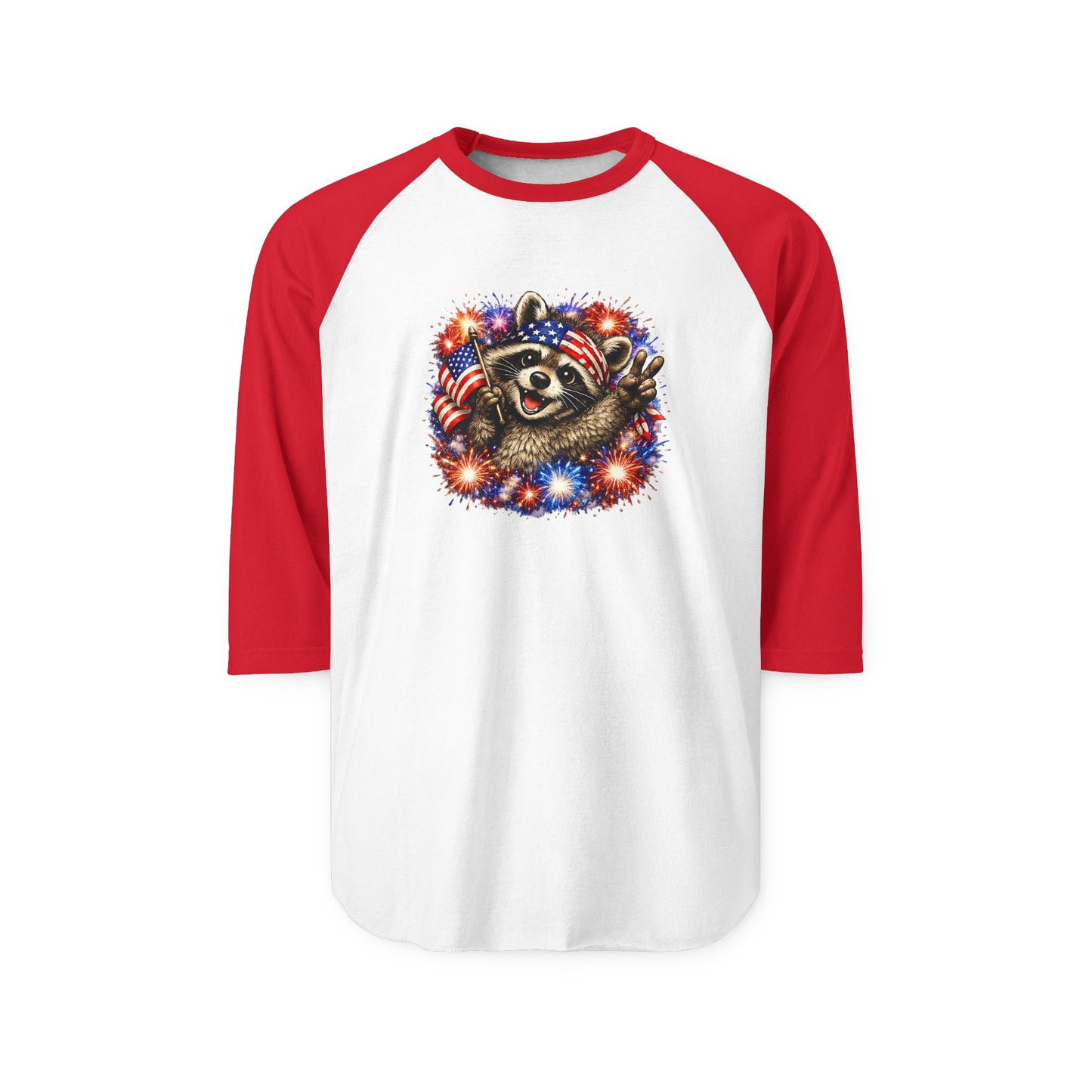 Patriotic Raccoon 250 Raglan Shirt — Fourth of July Fireworks Tee
