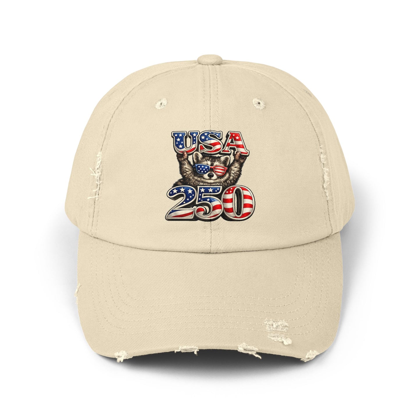 Patriotic Raccoon 250 Cap — Fireworks & Flag Distressed Baseball Hat