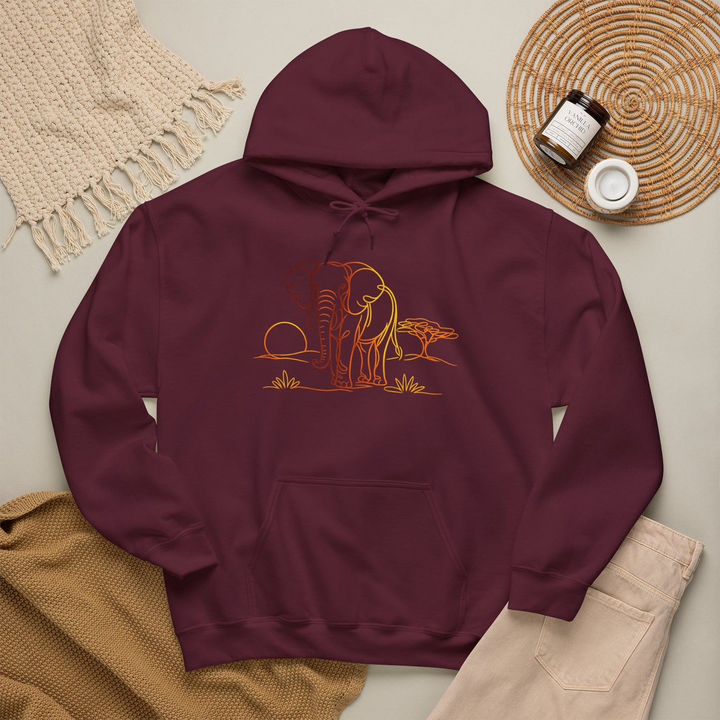 Elephant Sunset Hoodie — Minimal Safari Graphic Hooded Sweatshirt