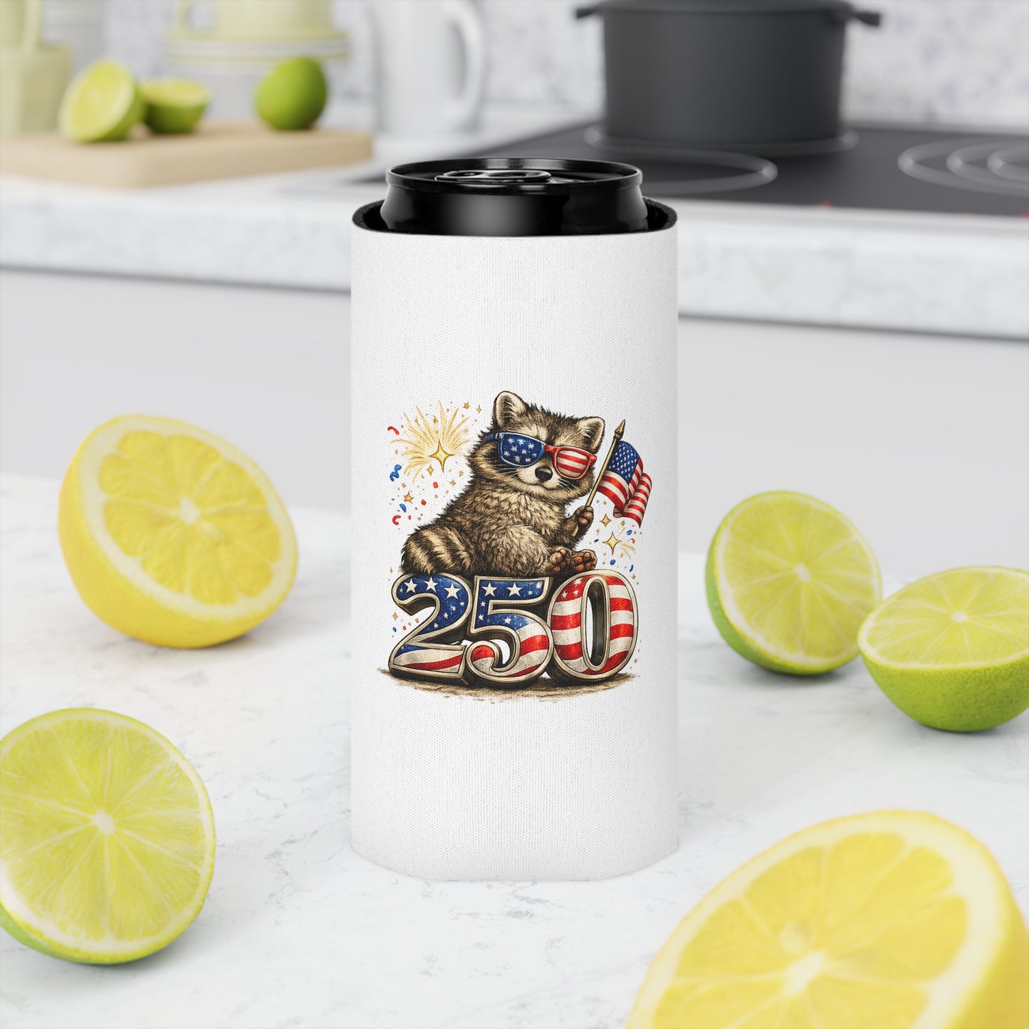 Patriotic Raccoon 250 Can Cooler – USA Flag, 4th of July Drink Koozie