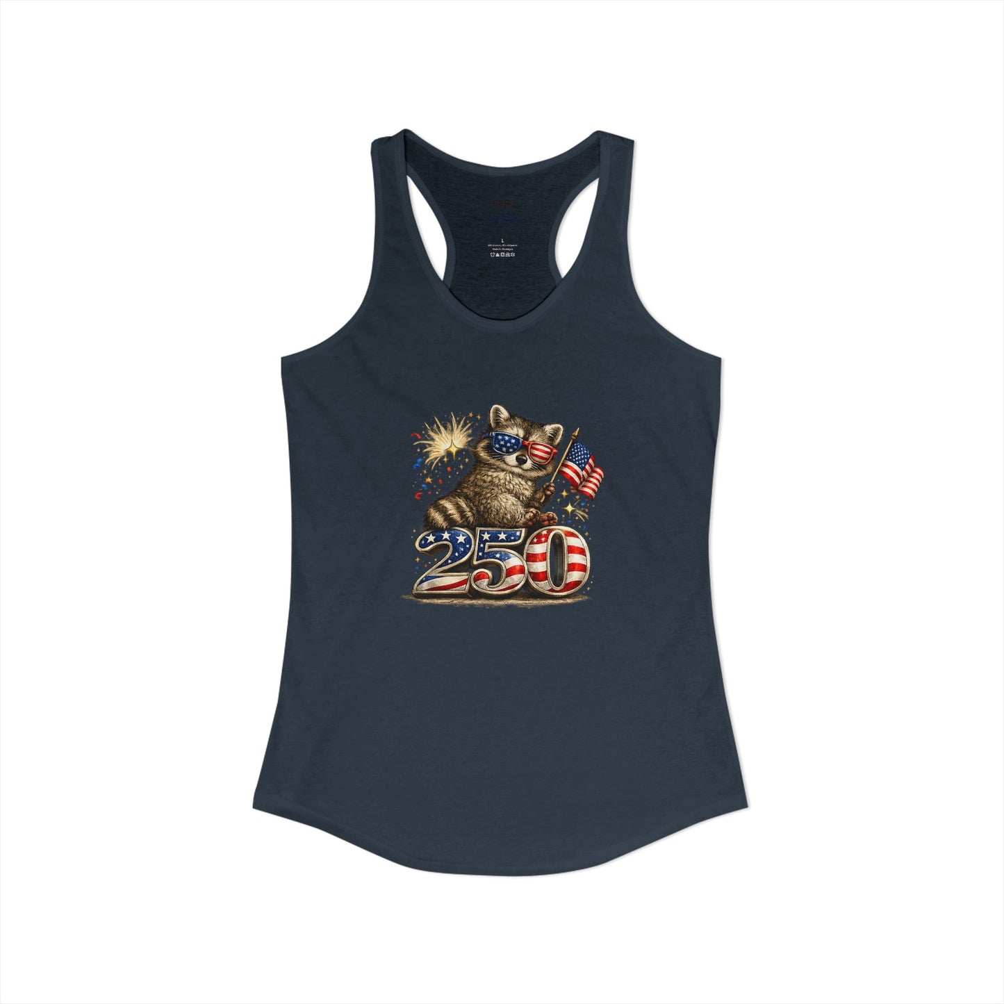 Patriotic Raccoon 4th of July Tank — Raccoon on 250 with Flag & Fireworks Racerback Tank