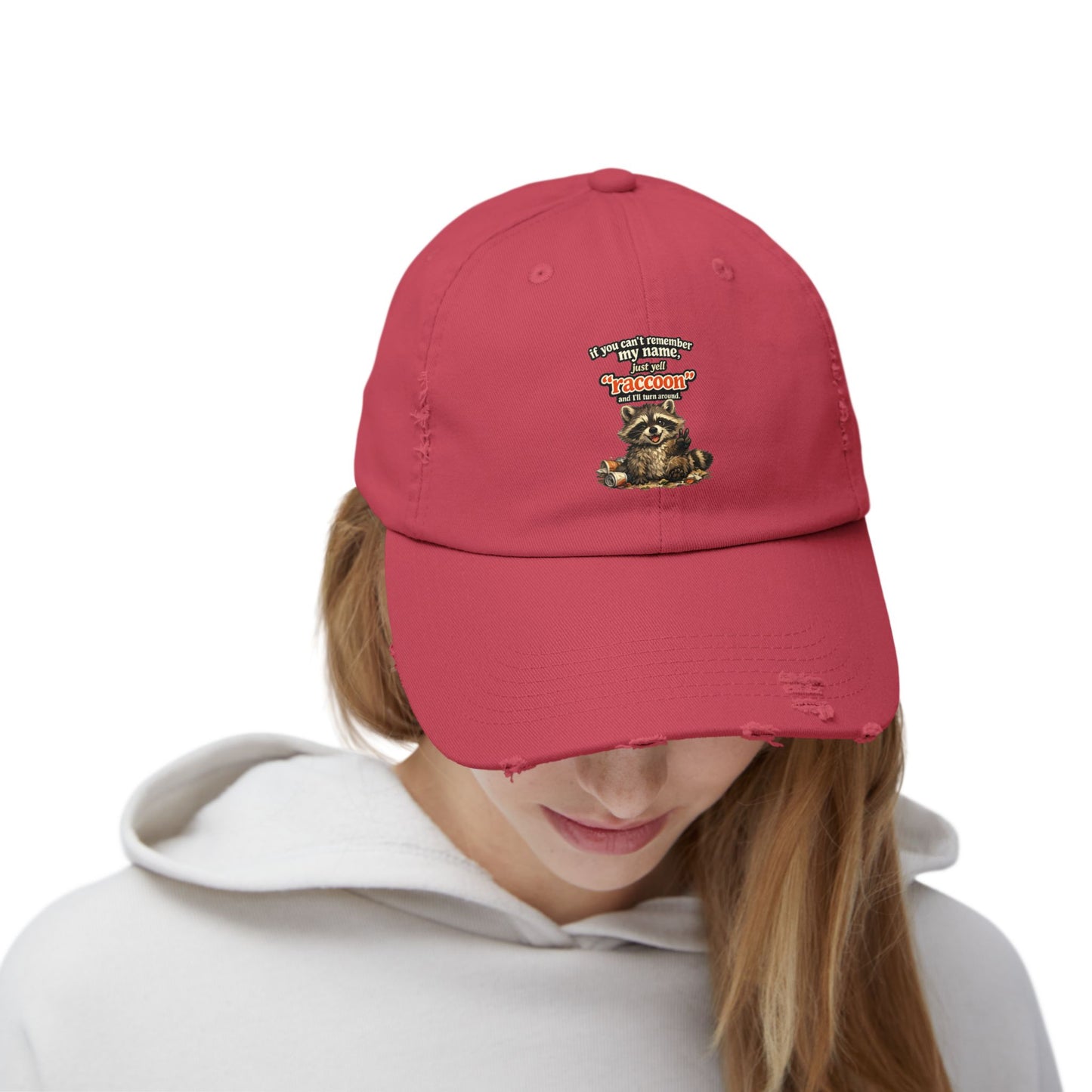 Yell Raccoon Distressed Cap — Raccoon Mom/Dad Funny Dad Hat