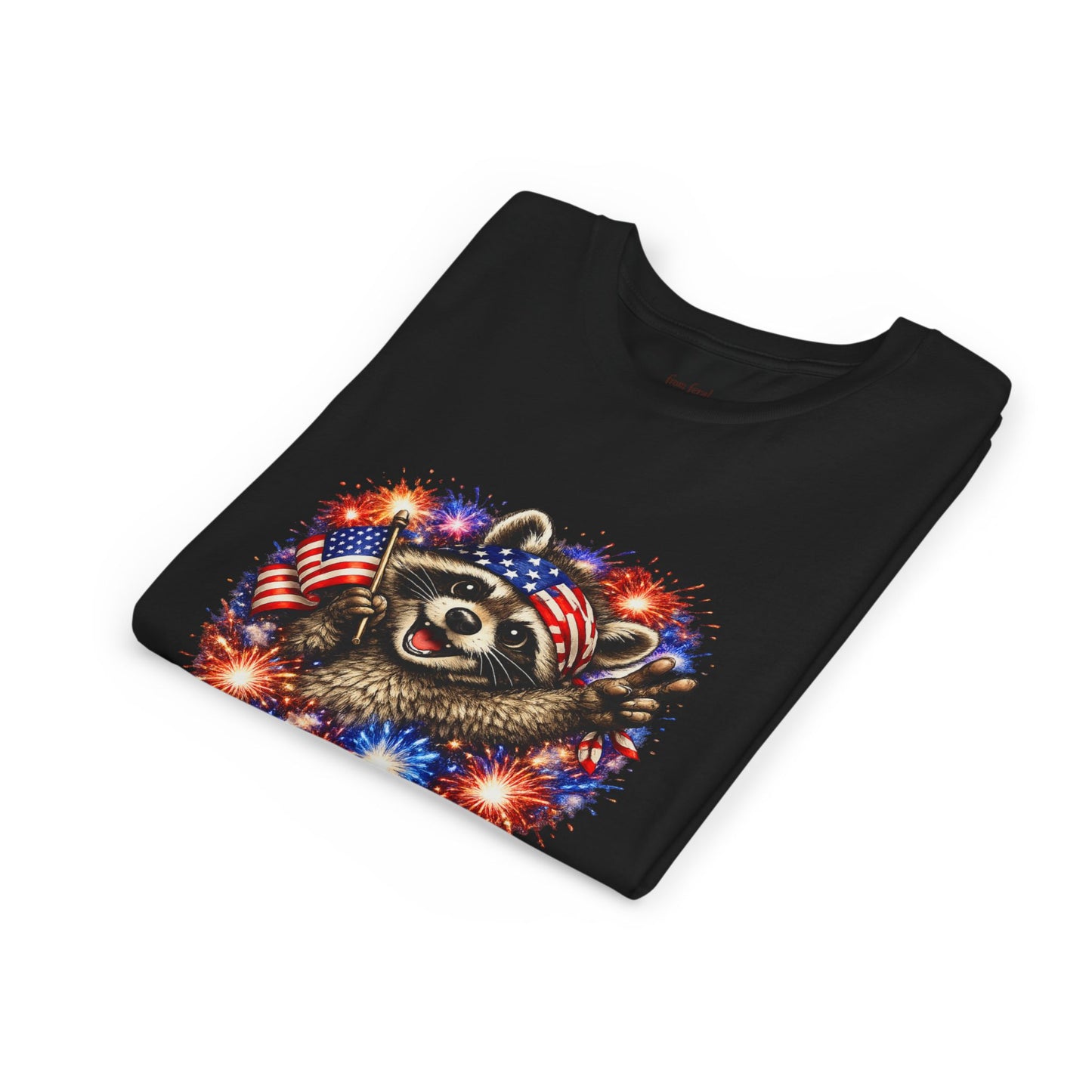 Patriotic Raccoon Youth Tee — Raccoon with American Flag & Fireworks
