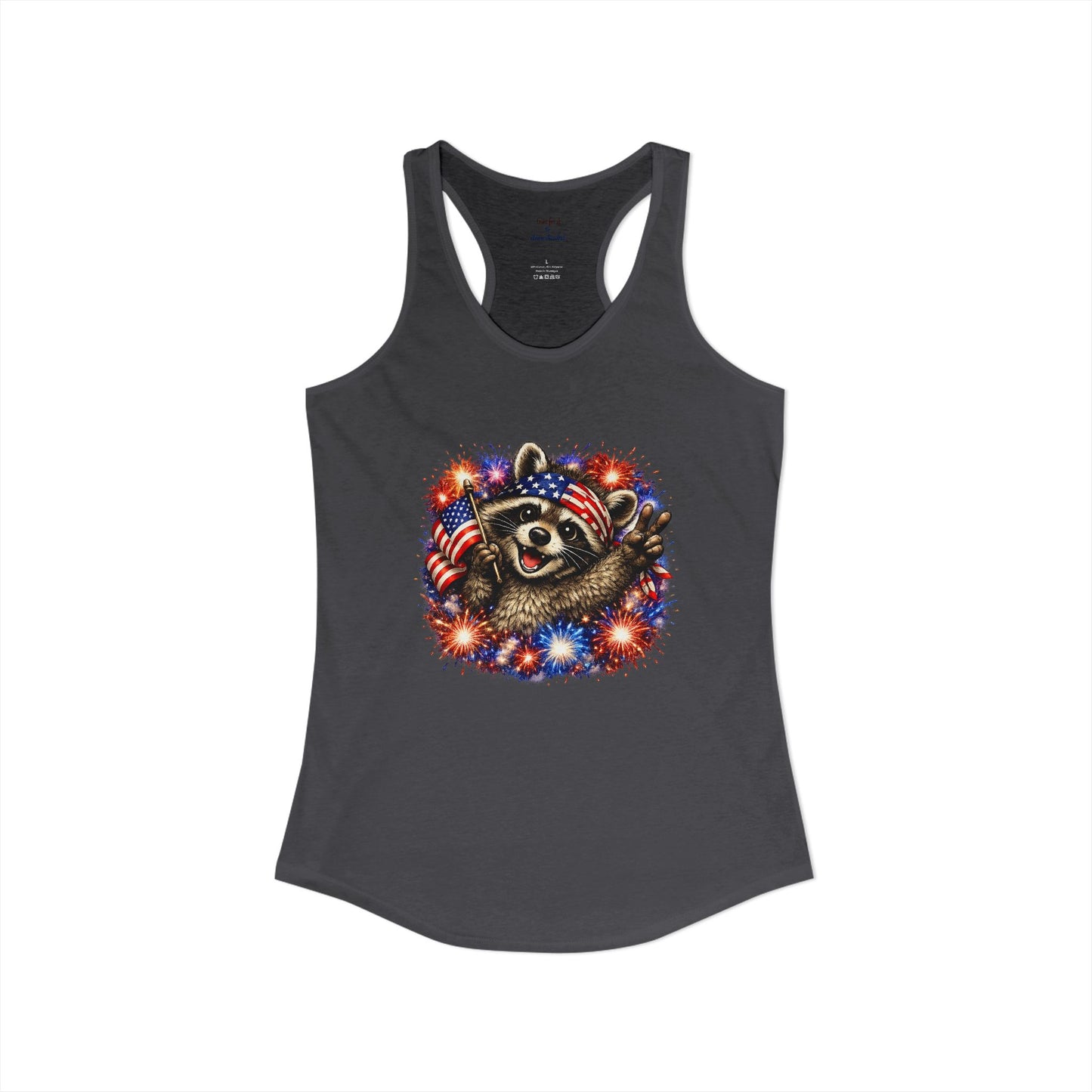 Patriotic Raccoon 4th of July Tank — Raccoon with Flag & Fireworks Racerback Tank