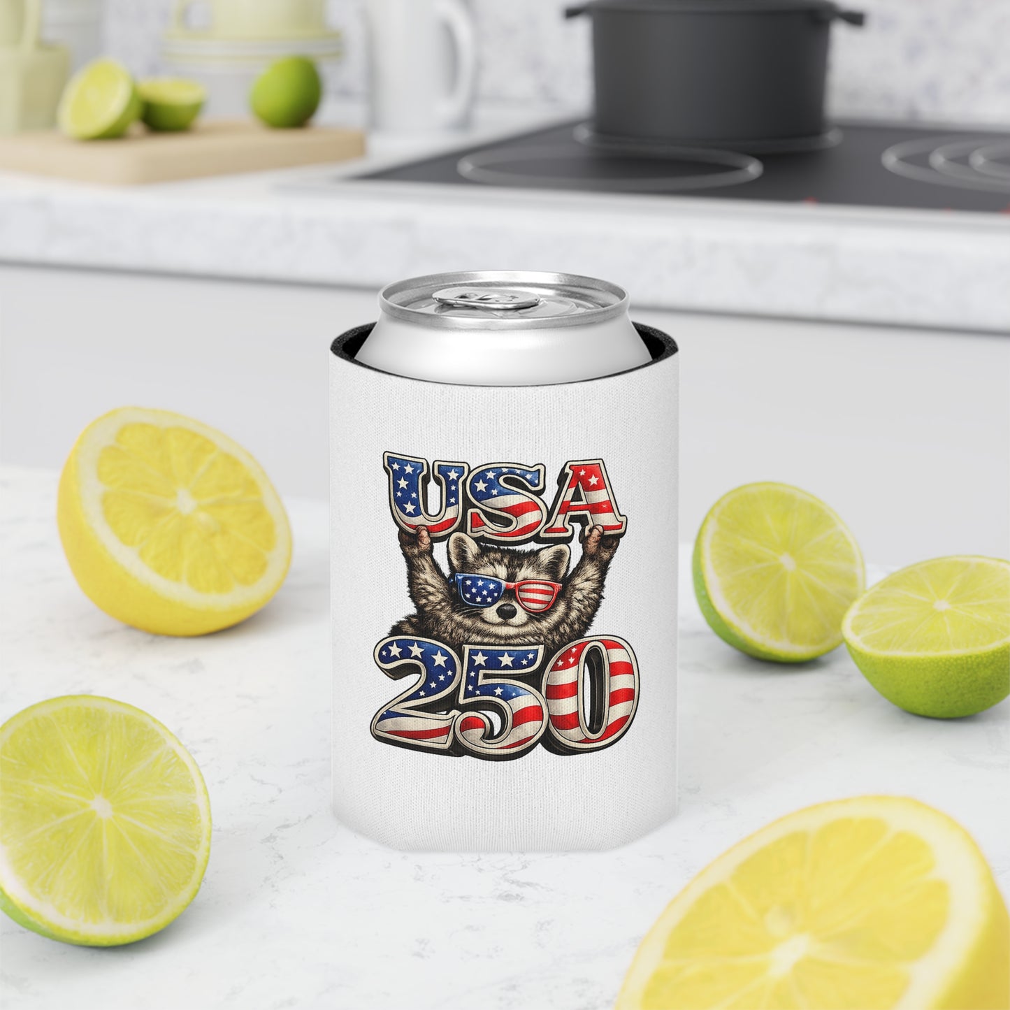 Patriotic Raccoon 250 Can Cooler – USA Flag, 4th of July Drink Koozie