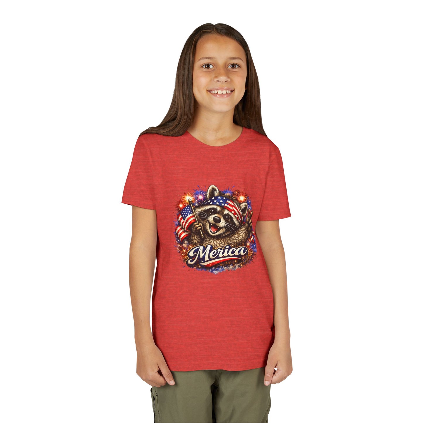 Patriotic Raccoon Youth Tee — Raccoon with American Flag & Fireworks
