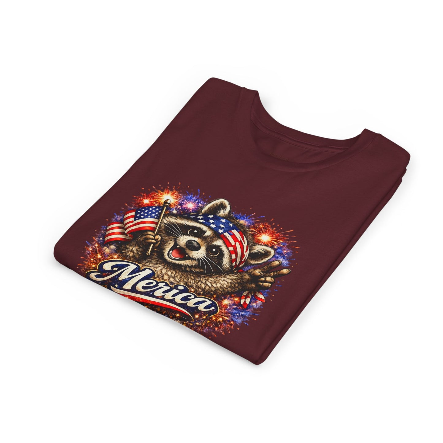 Patriotic Raccoon Youth Tee — Raccoon with American Flag & Fireworks