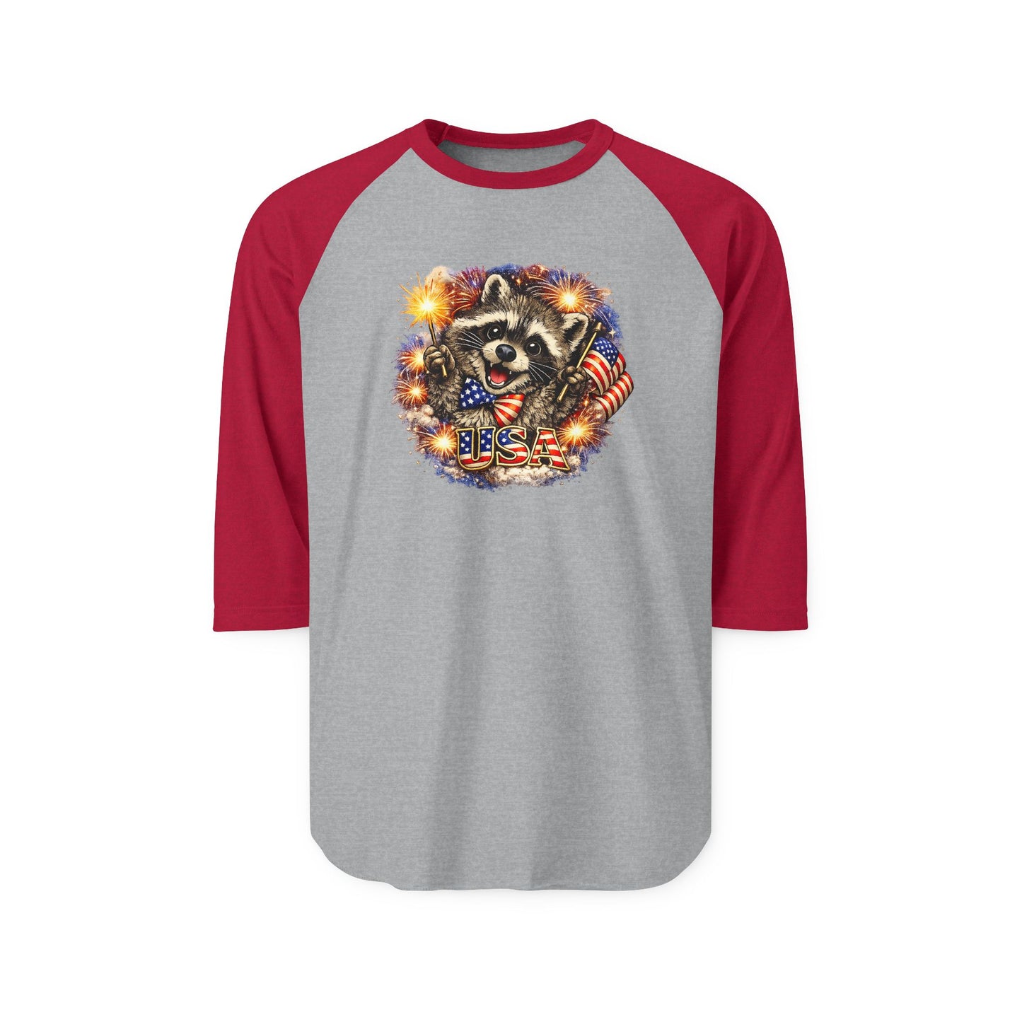 Patriotic Raccoon 250 Raglan Shirt — Fourth of July Fireworks Tee