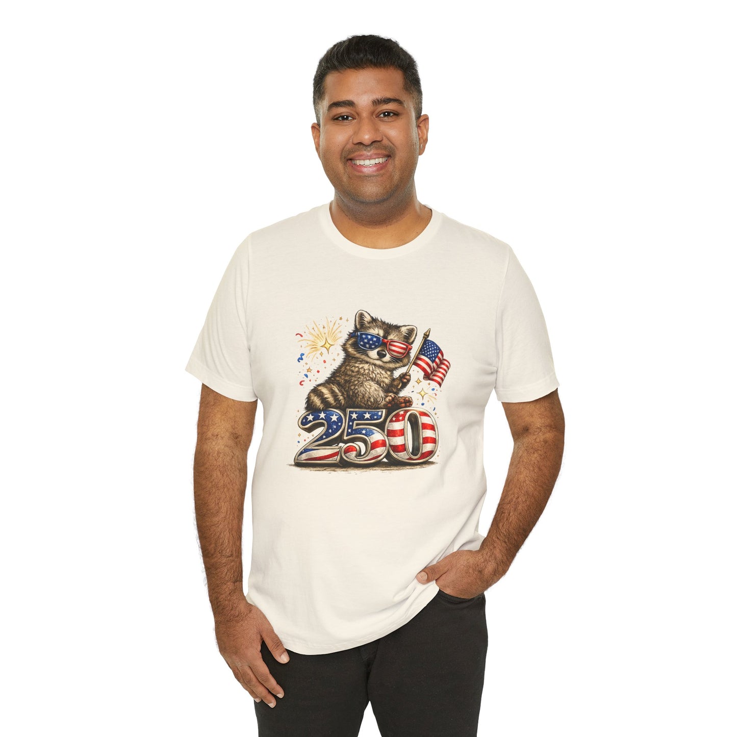 Patriot Raccoon 250th Anniversary T-Shirt — 4th of July Fireworks Flag Tee