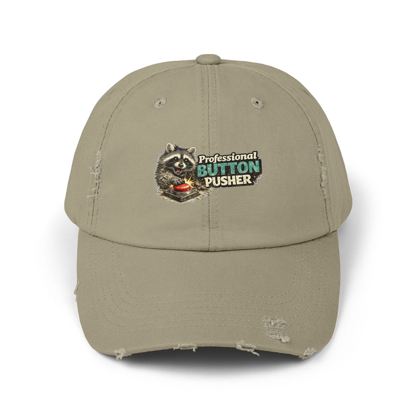 Button Pusher Distressed Cap — Raccoon Mom/Dad Funny Dad Hat