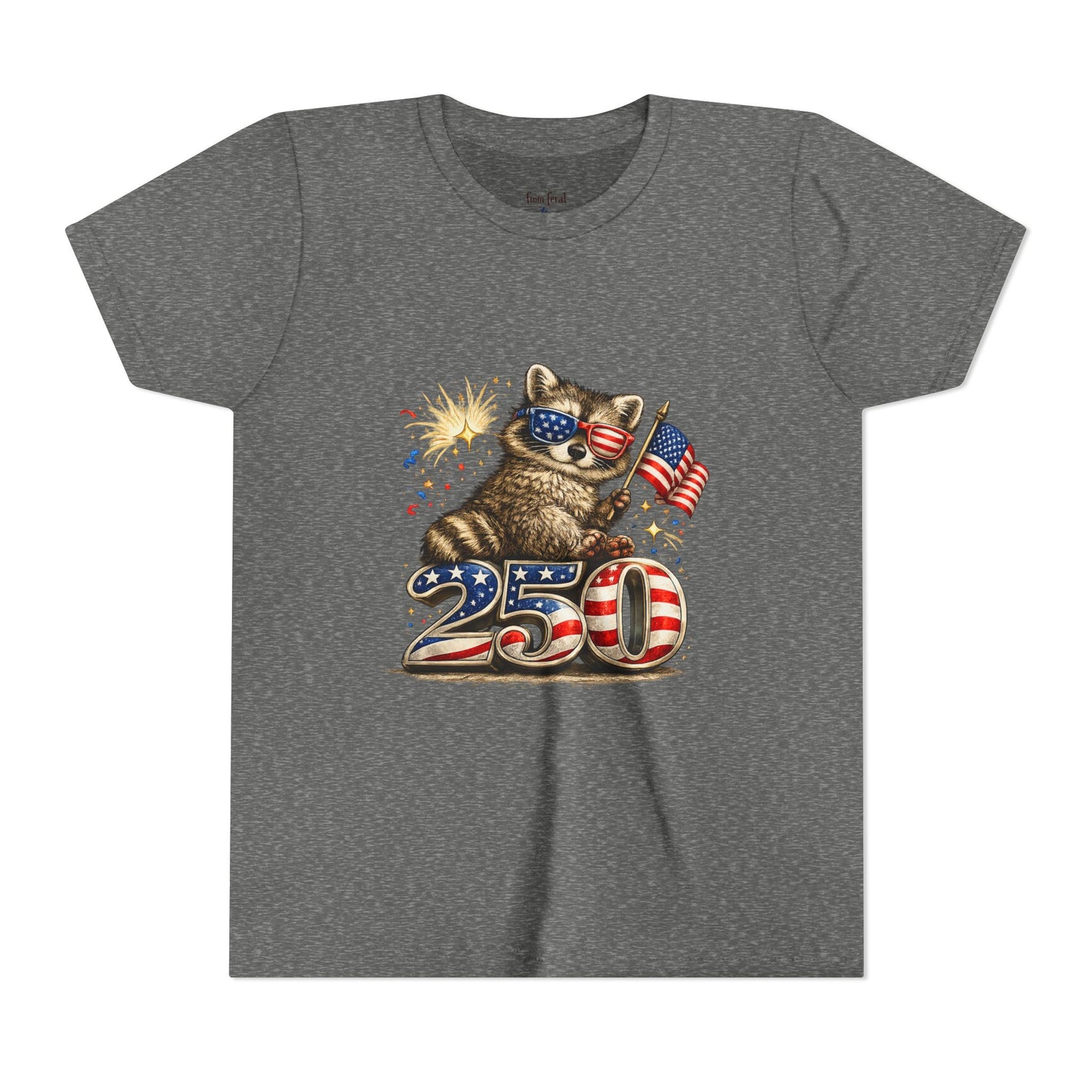 Patriotic Raccoon Youth Tee — Raccoon with American Flag & Fireworks