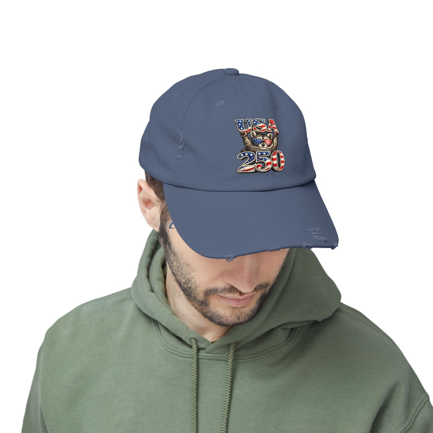 Patriotic Raccoon 250 Cap — Fireworks & Flag Distressed Baseball Hat