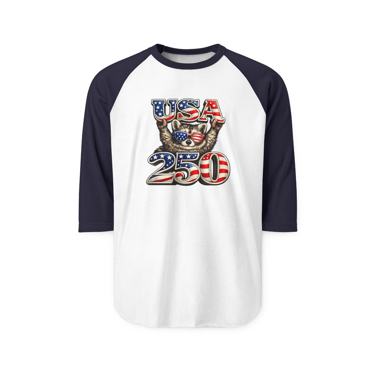 Patriotic Raccoon 250 Raglan Shirt — Fourth of July Fireworks Tee