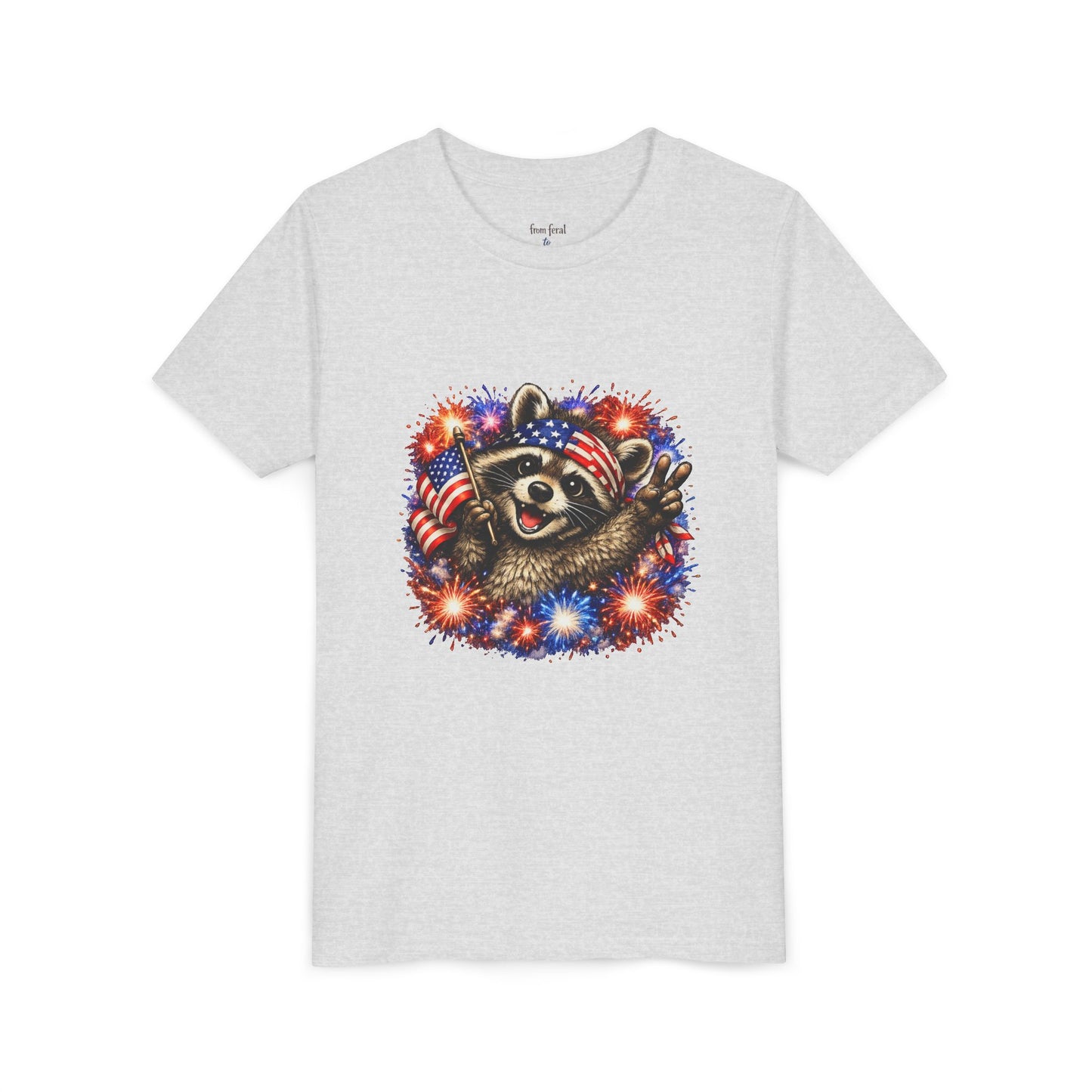 Patriotic Raccoon Youth Tee — Raccoon with American Flag & Fireworks