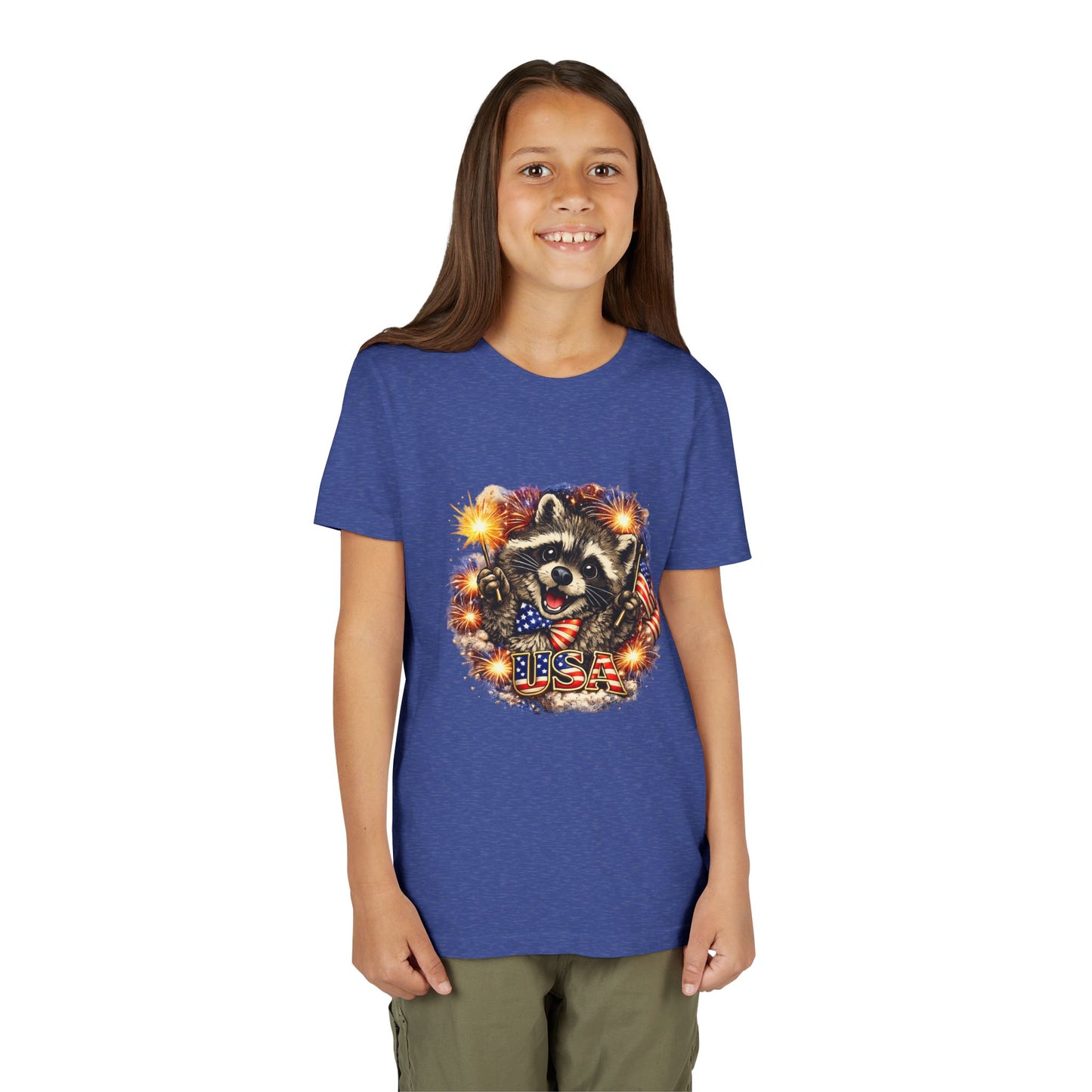 Patriotic Raccoon Youth Tee — Raccoon with American Flag & Fireworks