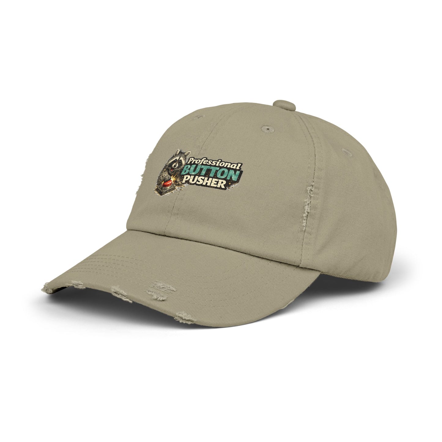 Button Pusher Distressed Cap — Raccoon Mom/Dad Funny Dad Hat