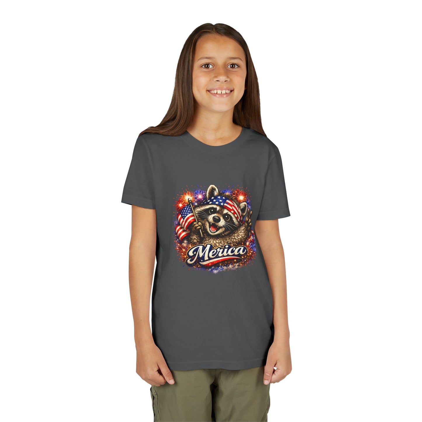 Patriotic Raccoon Youth Tee — Raccoon with American Flag & Fireworks