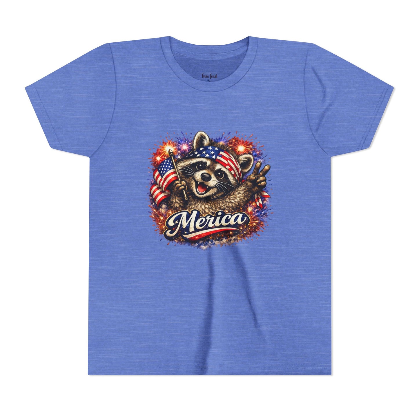 Patriotic Raccoon Youth Tee — Raccoon with American Flag & Fireworks