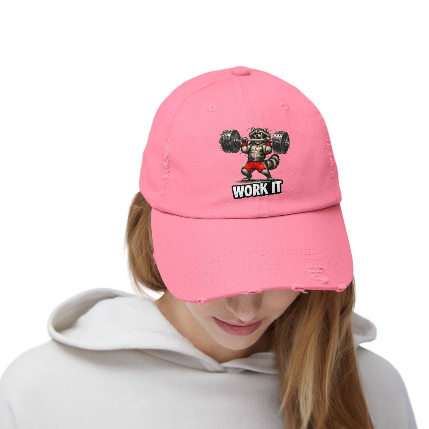 Work It Distressed Cap — Raccoon Mom/Dad Funny Dad Hat