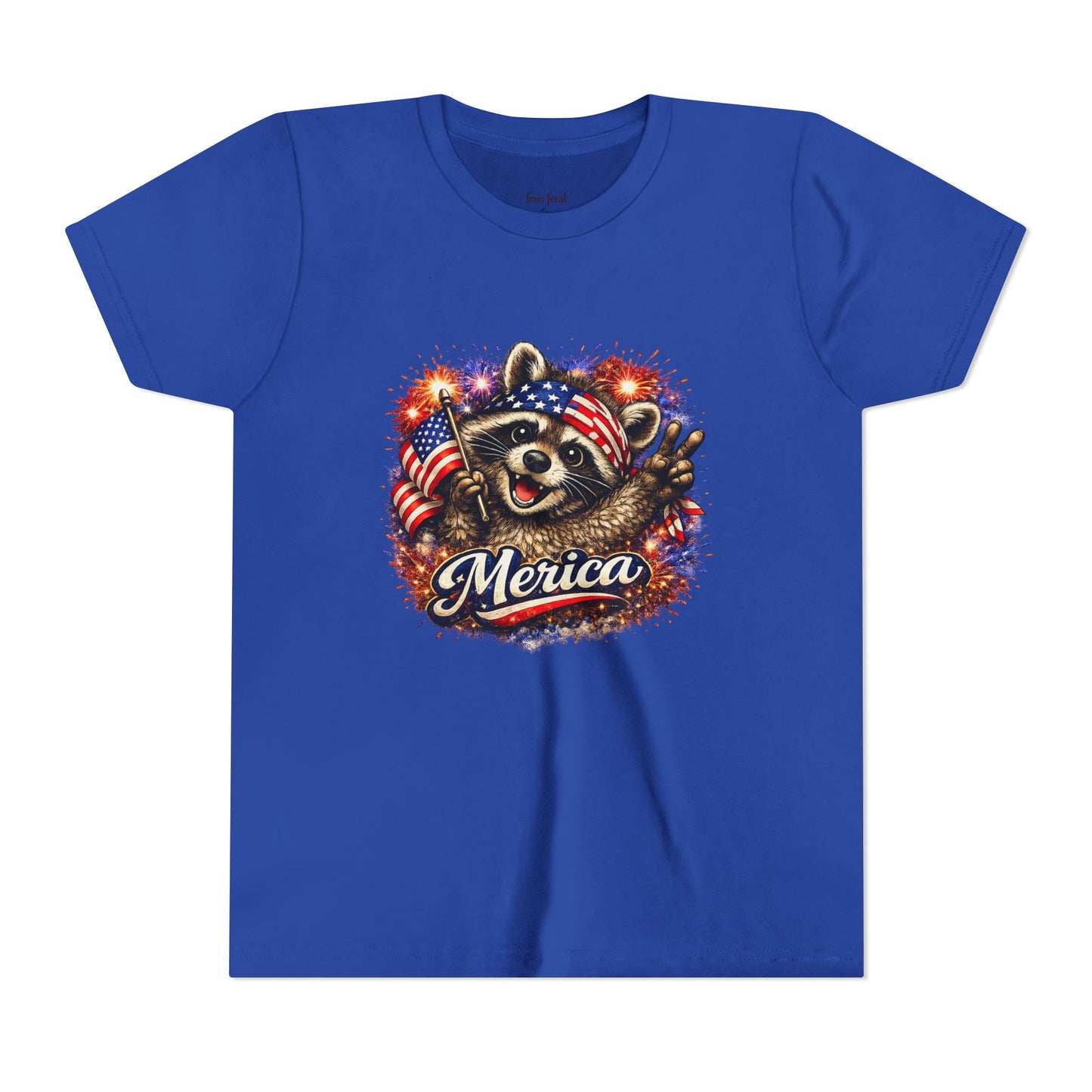 Patriotic Raccoon Youth Tee — Raccoon with American Flag & Fireworks