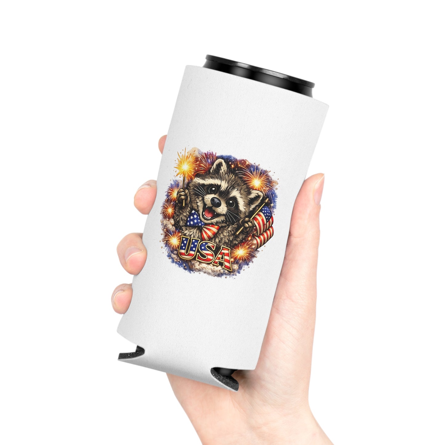 Patriotic Raccoon 250 Can Cooler – USA Flag, 4th of July Drink Koozie