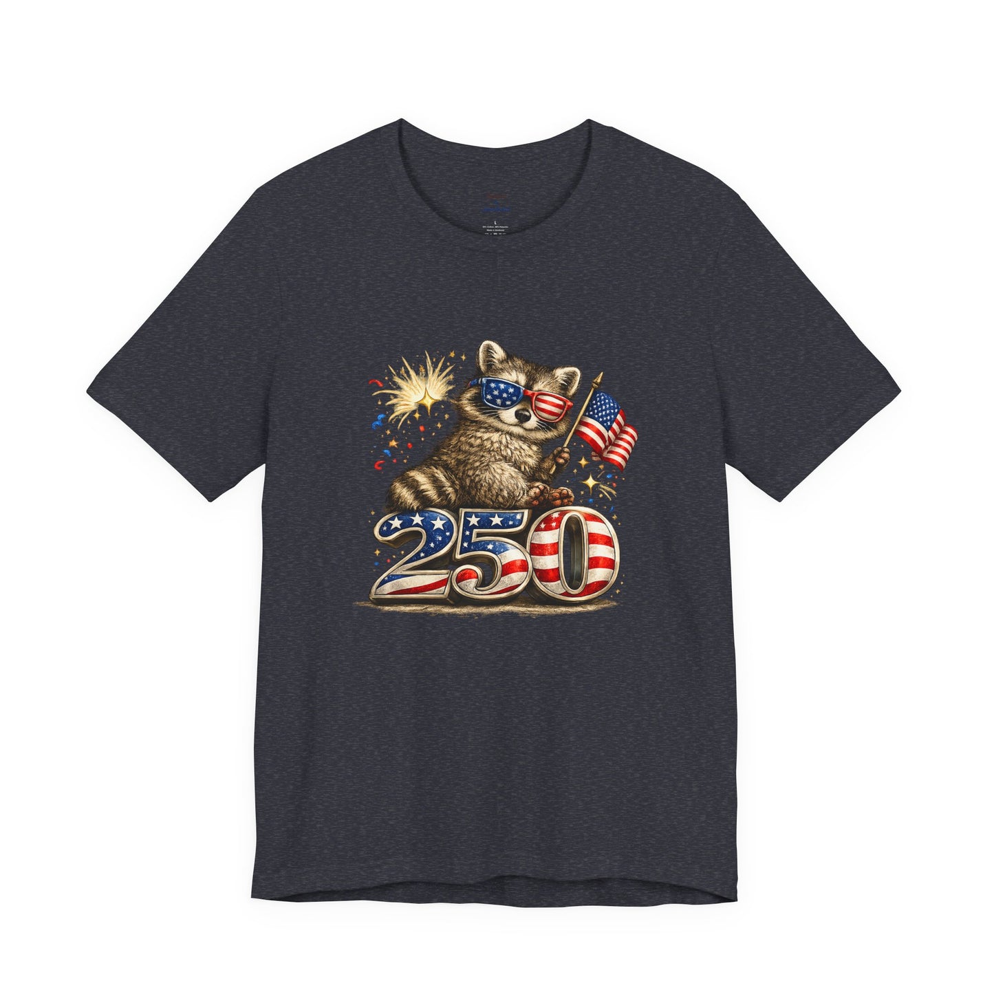 Patriot Raccoon 250th Anniversary T-Shirt — 4th of July Fireworks Flag Tee