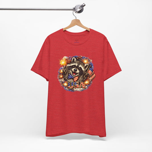Patriot Raccoon 250th Anniversary T-Shirt — 4th of July Fireworks Flag Tee