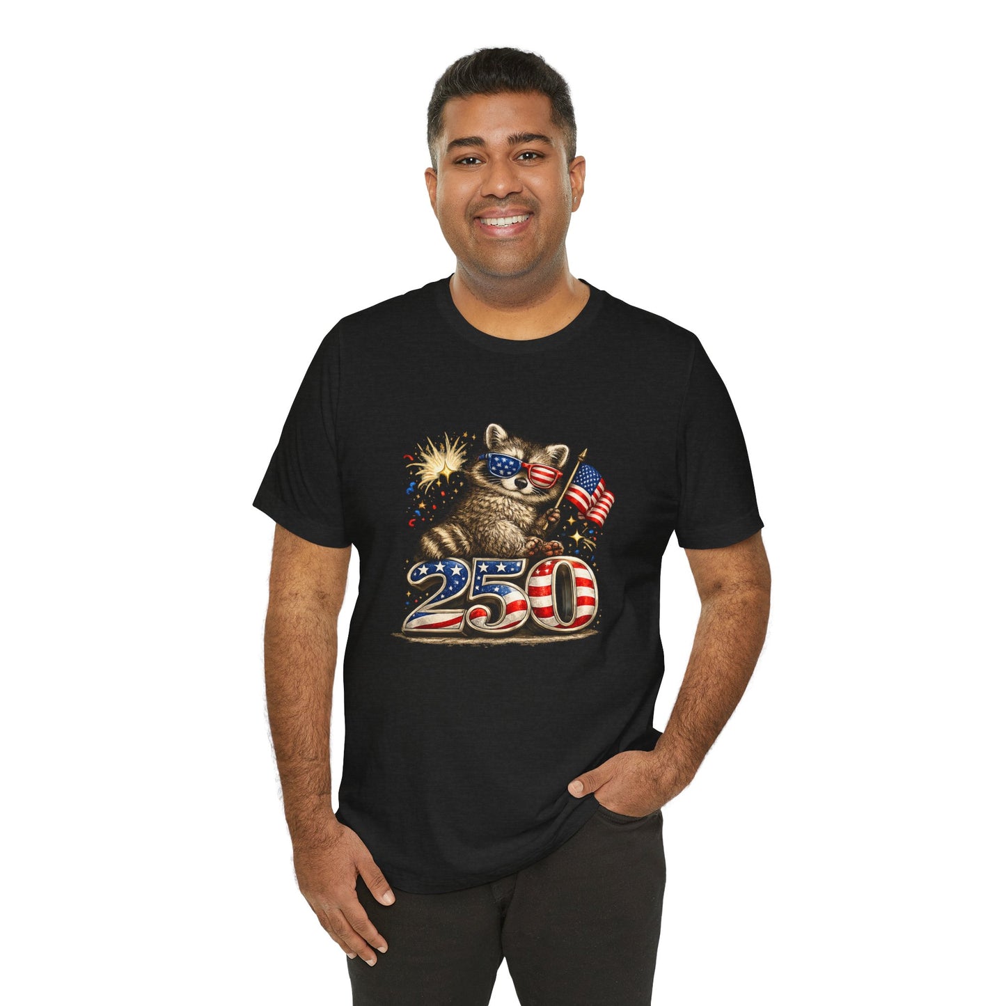 Patriot Raccoon 250th Anniversary T-Shirt — 4th of July Fireworks Flag Tee