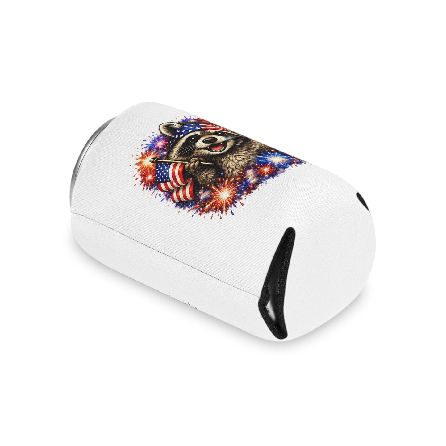Patriotic Raccoon 250 Can Cooler – USA Flag, 4th of July Drink Koozie