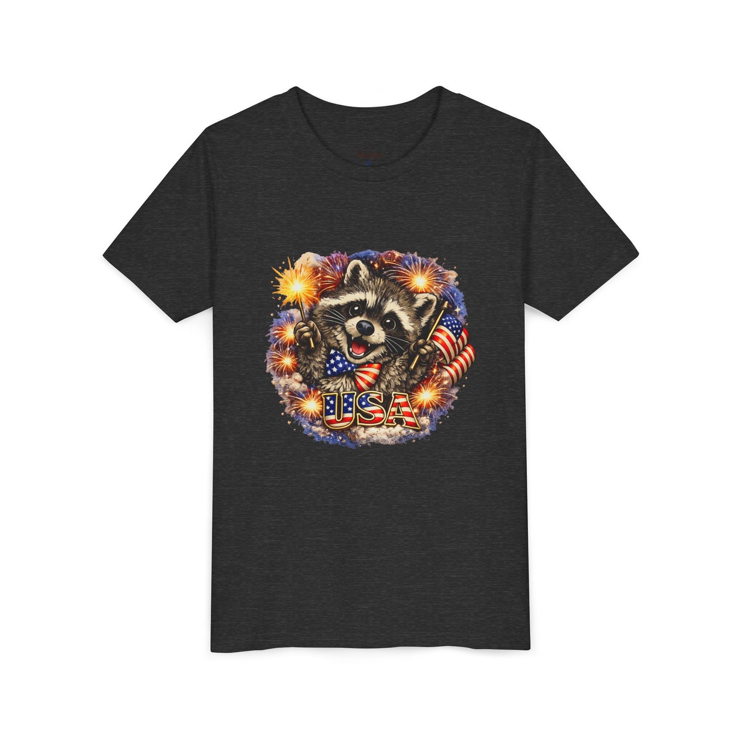 Patriotic Raccoon Youth Tee — Raccoon with American Flag & Fireworks