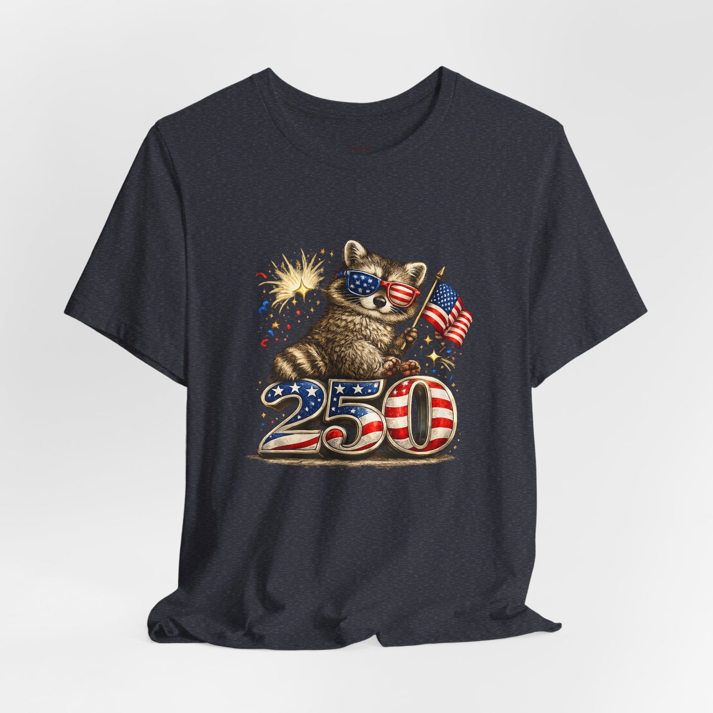 Patriot Raccoon 250th Anniversary T-Shirt — 4th of July Fireworks Flag Tee