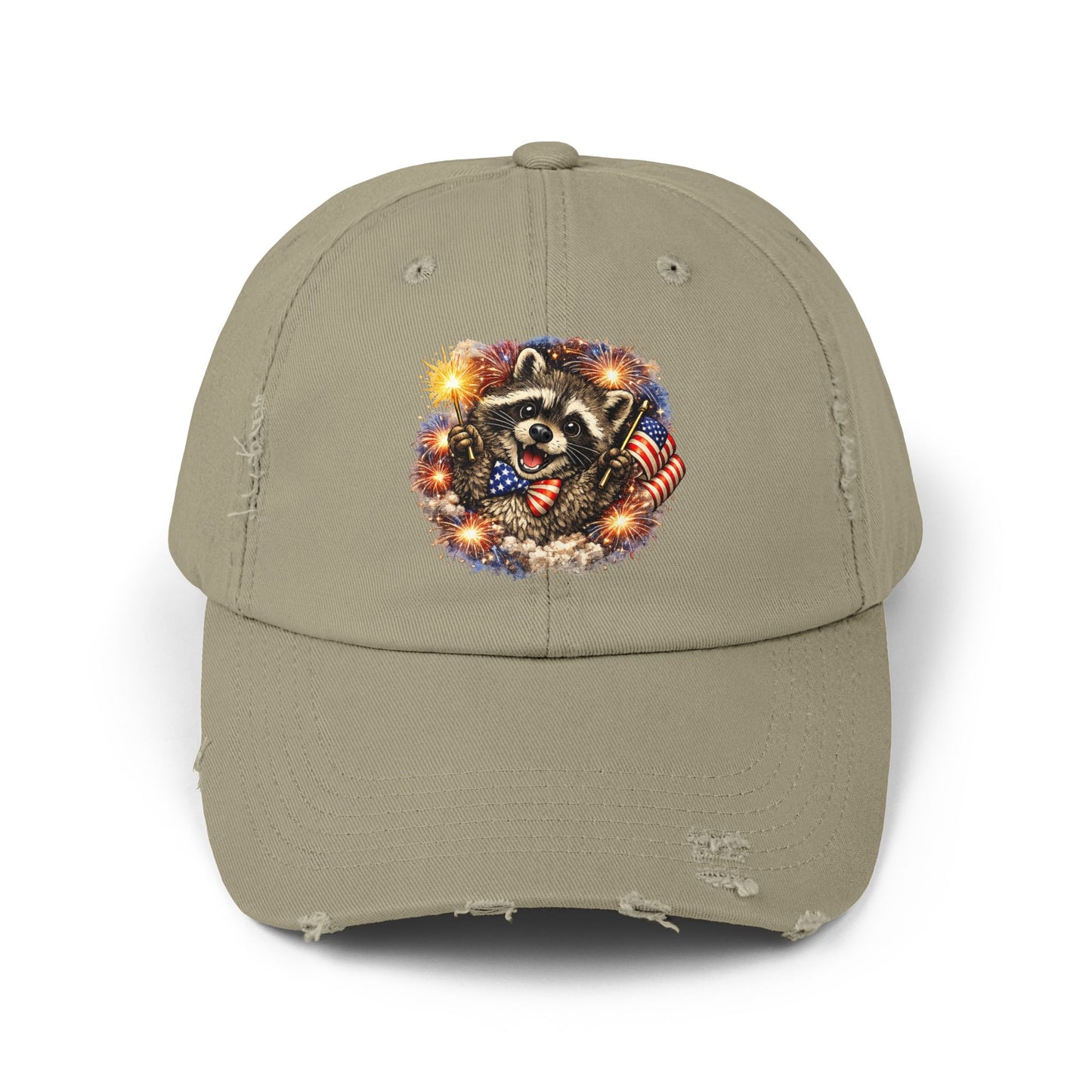 Patriotic Raccoon 250 Cap — Fireworks & Flag Distressed Baseball Hat