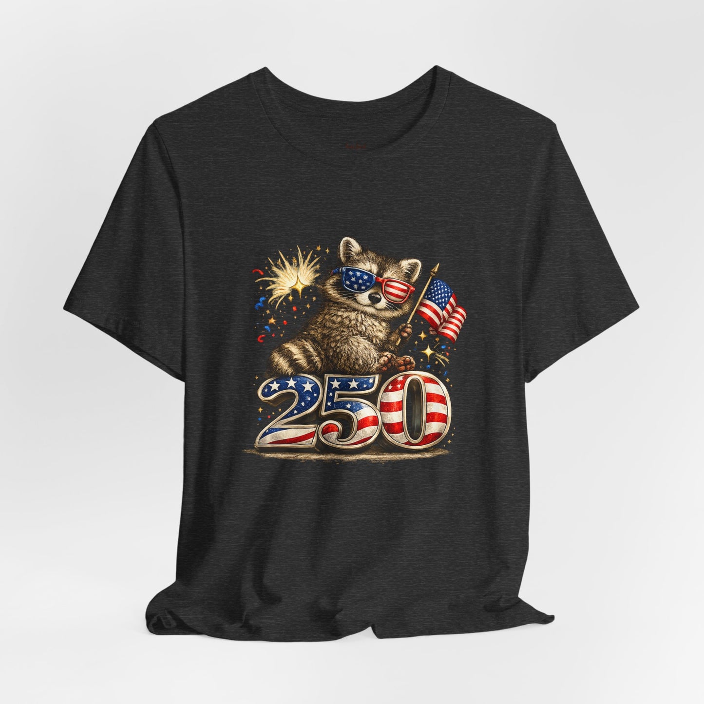 Patriot Raccoon 250th Anniversary T-Shirt — 4th of July Fireworks Flag Tee
