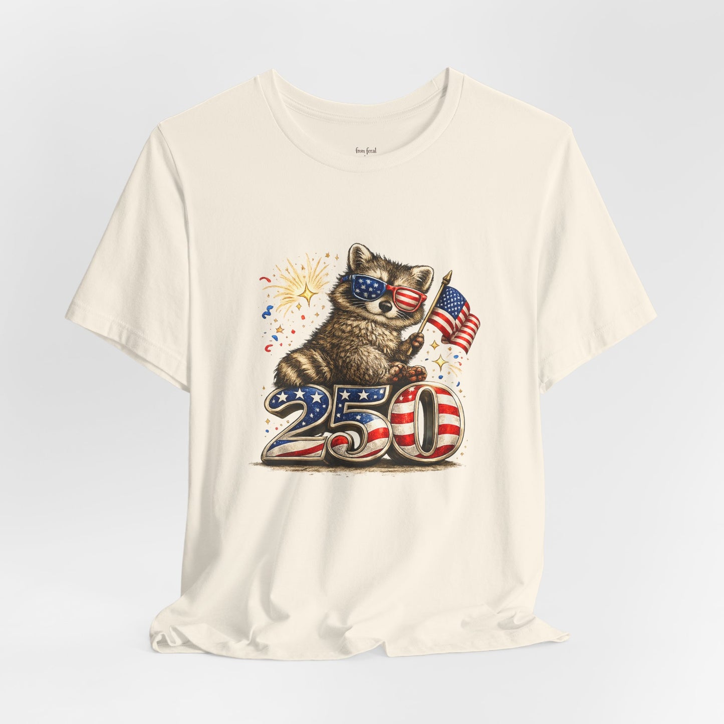 Patriot Raccoon 250th Anniversary T-Shirt — 4th of July Fireworks Flag Tee