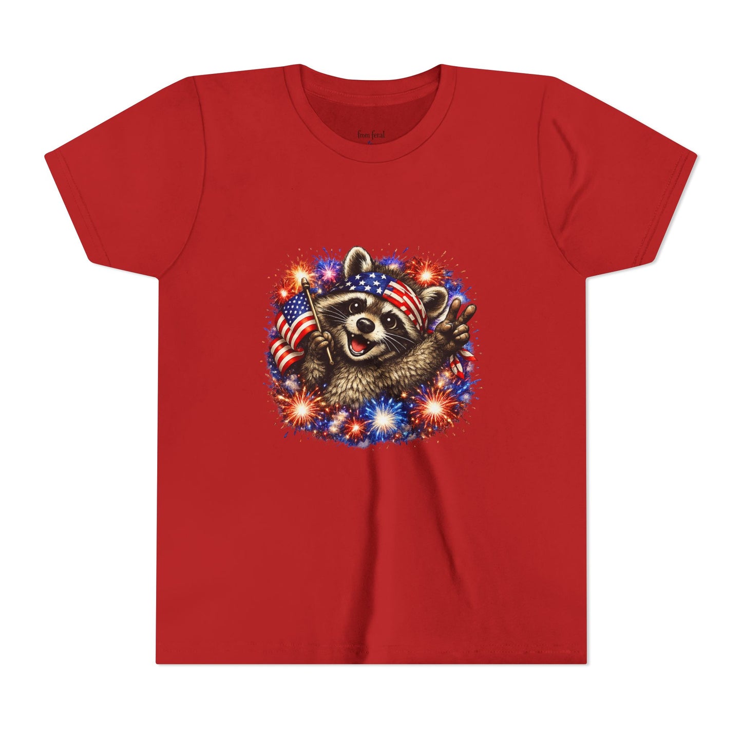 Patriotic Raccoon Youth Tee — Raccoon with American Flag & Fireworks