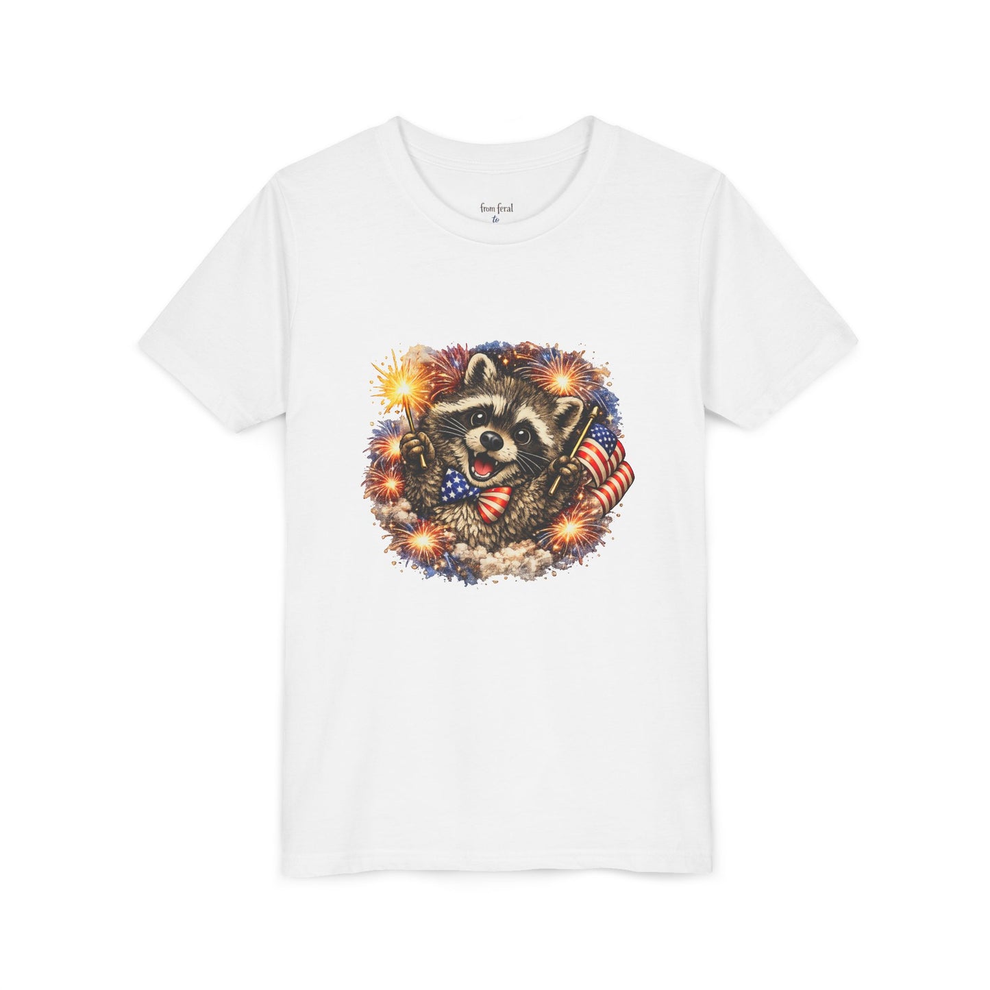 Patriotic Raccoon Youth Tee — Raccoon with American Flag & Fireworks