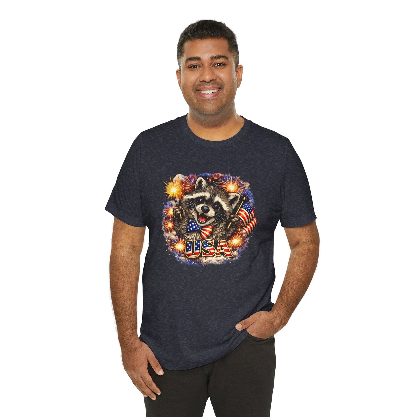 Patriot Raccoon 250th Anniversary T-Shirt — 4th of July Fireworks Flag Tee