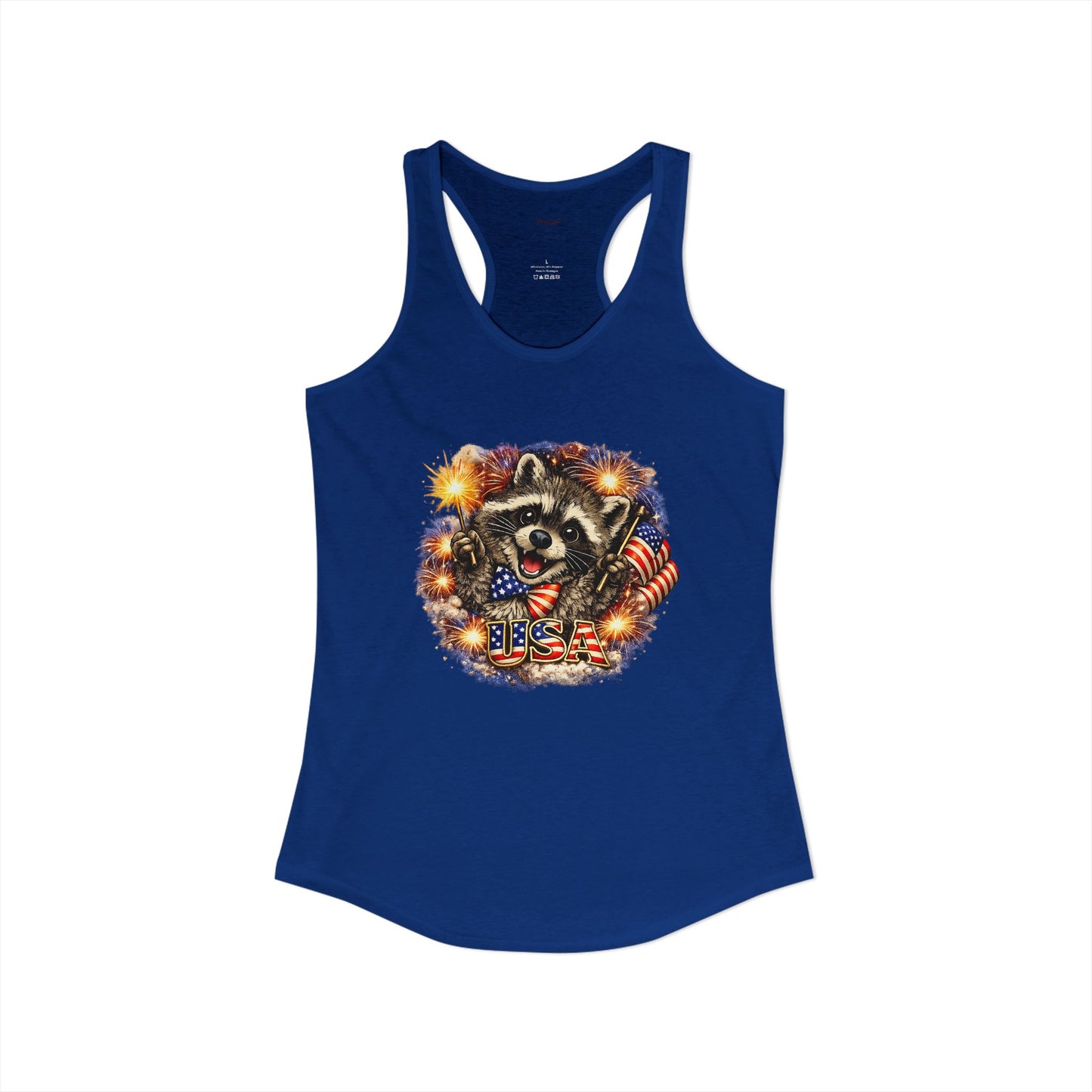 Patriotic Raccoon 4th of July Tank — Raccoon on 250 with Flag & Fireworks Racerback Tank