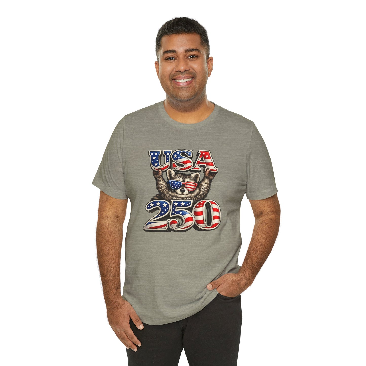 Patriot Raccoon 250th Anniversary T-Shirt — 4th of July Fireworks Flag Tee