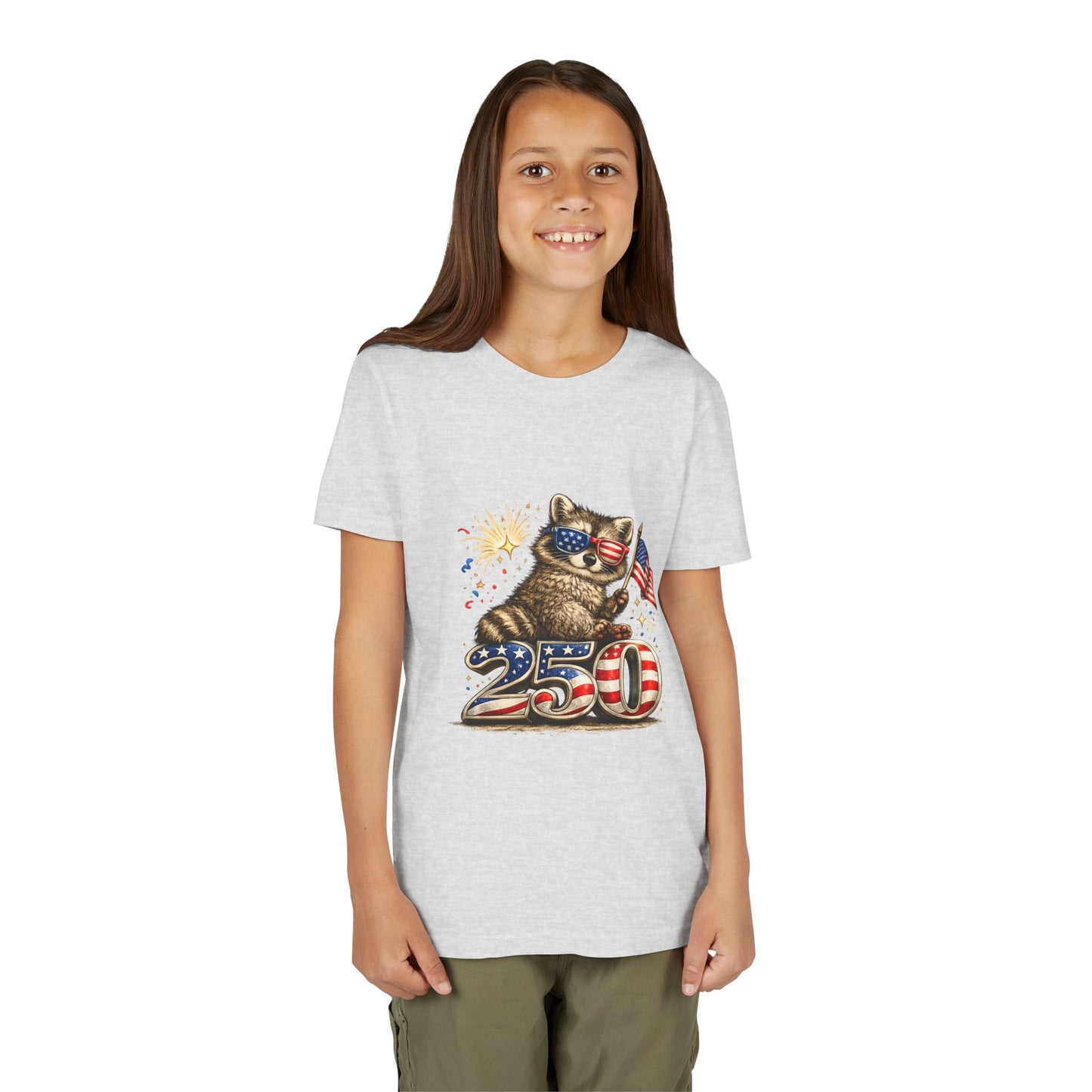 Patriotic Raccoon Youth Tee — Raccoon with American Flag & Fireworks