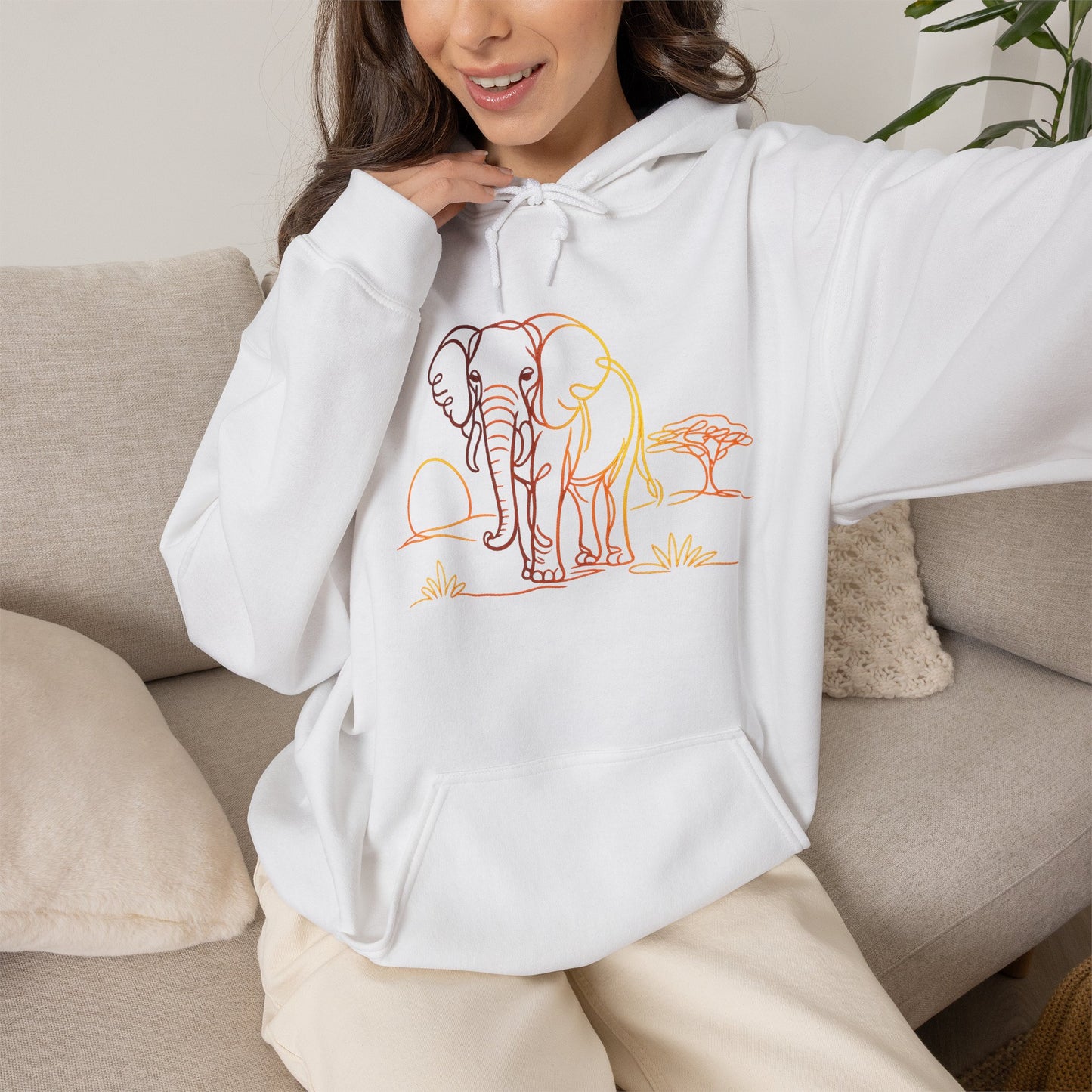 Elephant Sunset Hoodie — Minimal Safari Graphic Hooded Sweatshirt