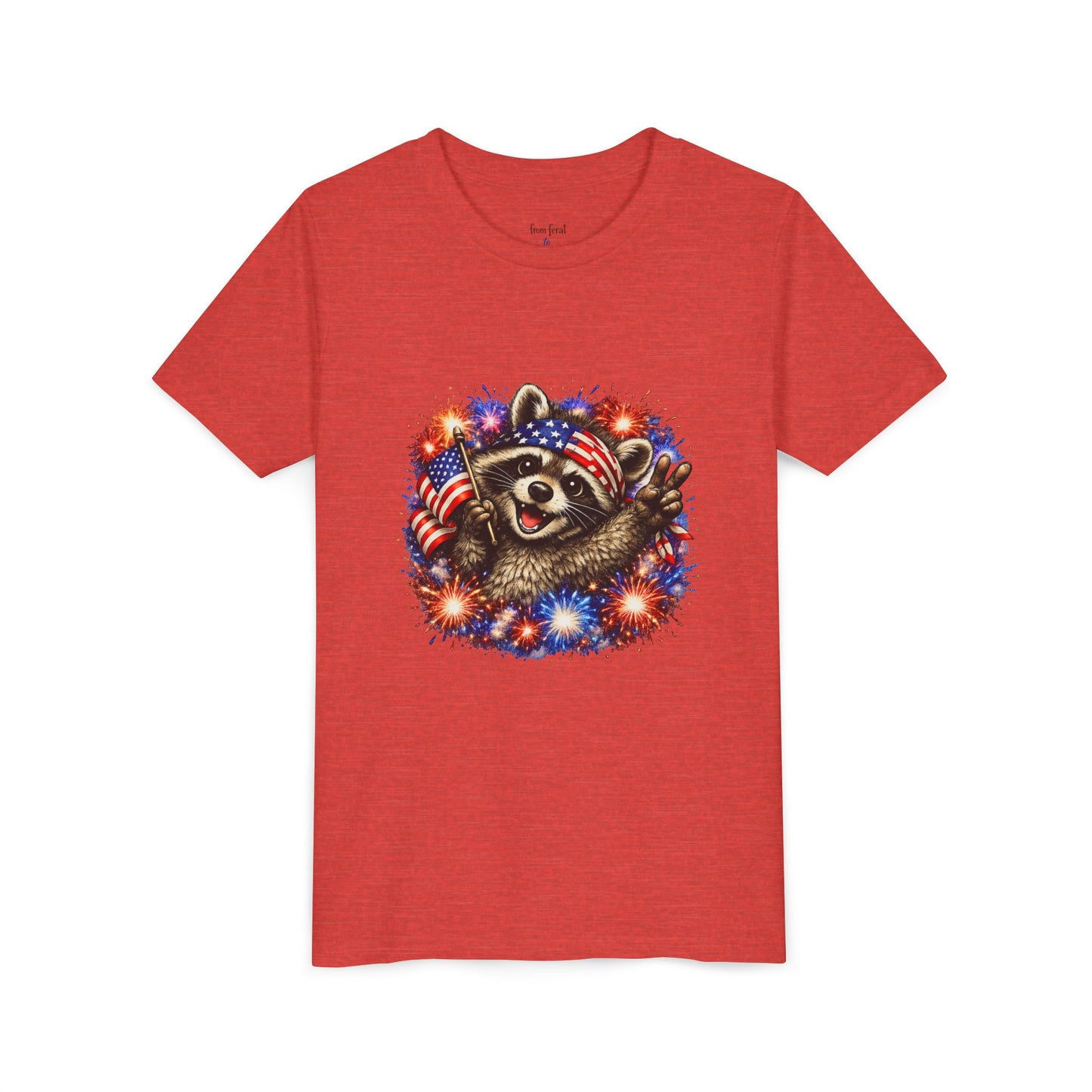 Patriotic Raccoon Youth Tee — Raccoon with American Flag & Fireworks
