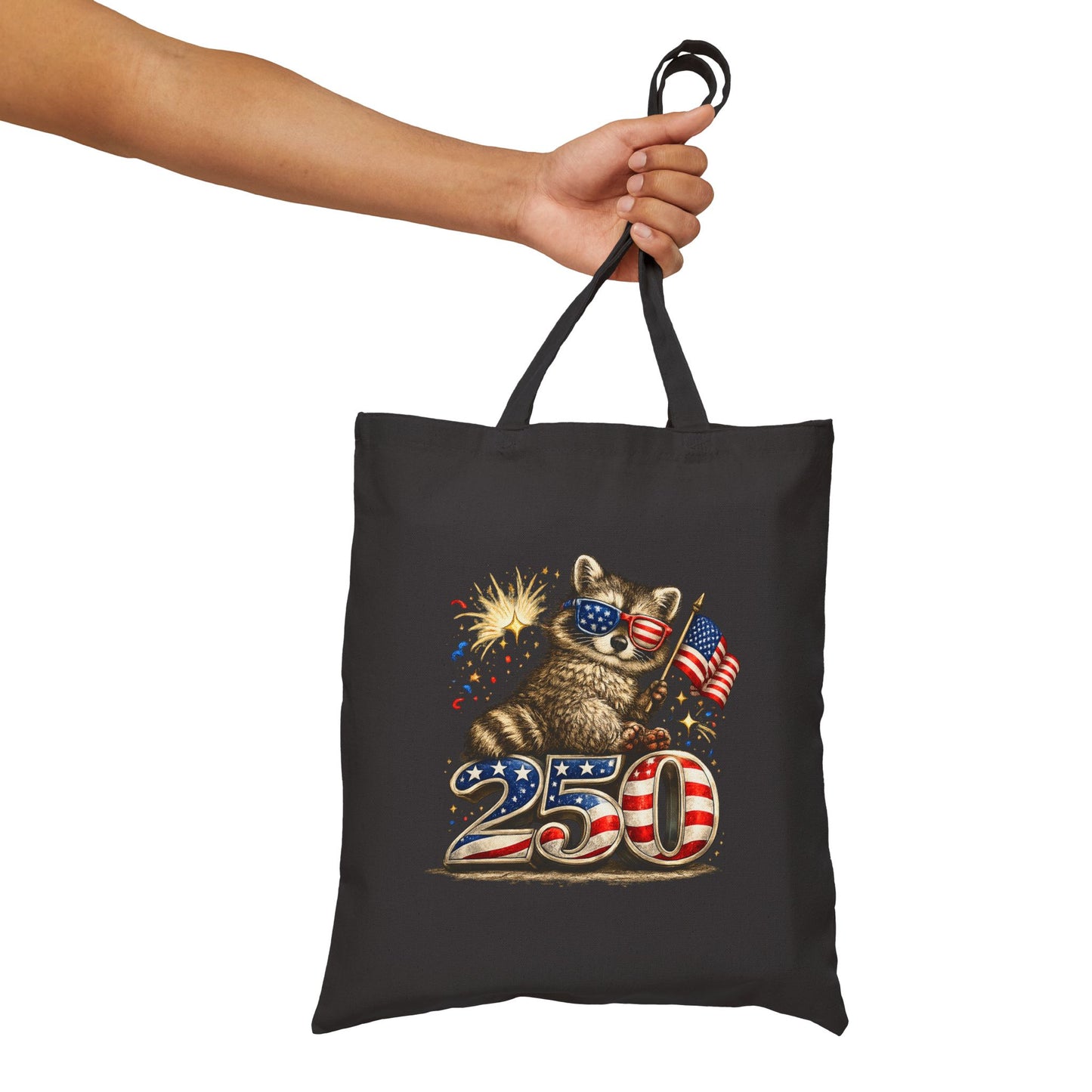 Patriotic Raccoon Fireworks Tote Bag — '250' Canvas Tote for Fourth of July
