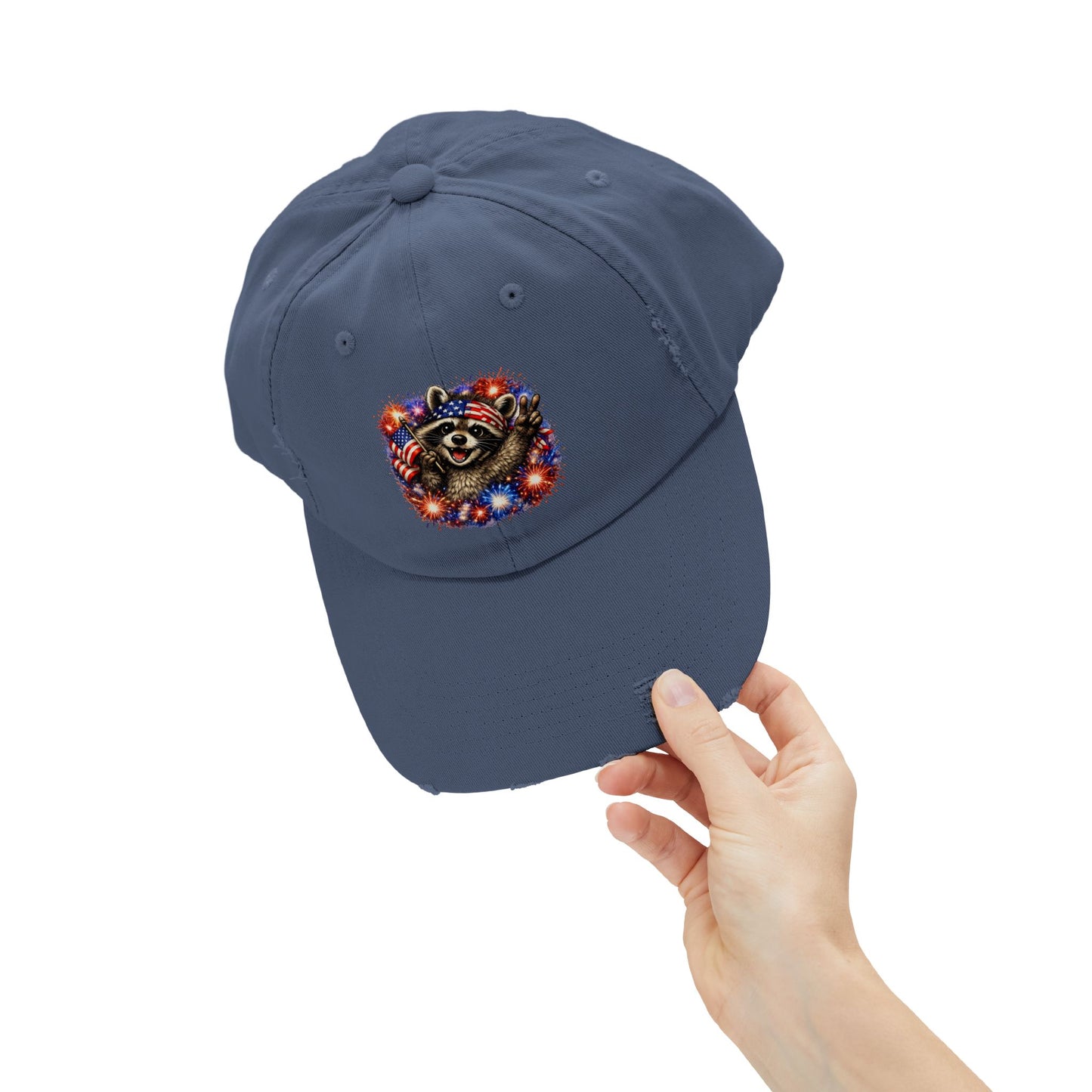 Patriotic Raccoon 250 Cap — Fireworks & Flag Distressed Baseball Hat