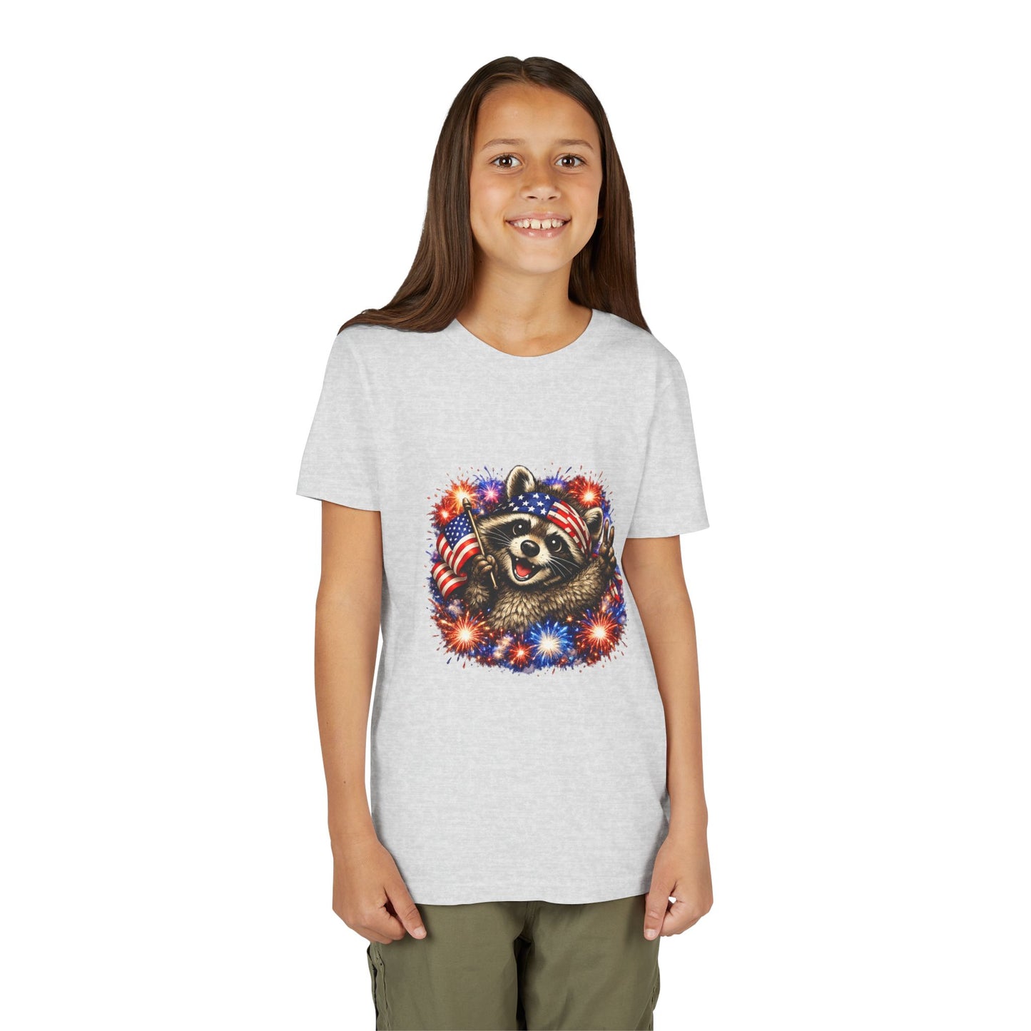 Patriotic Raccoon Youth Tee — Raccoon with American Flag & Fireworks