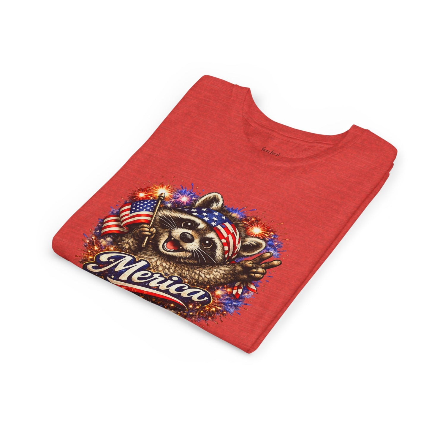 Patriotic Raccoon Youth Tee — Raccoon with American Flag & Fireworks