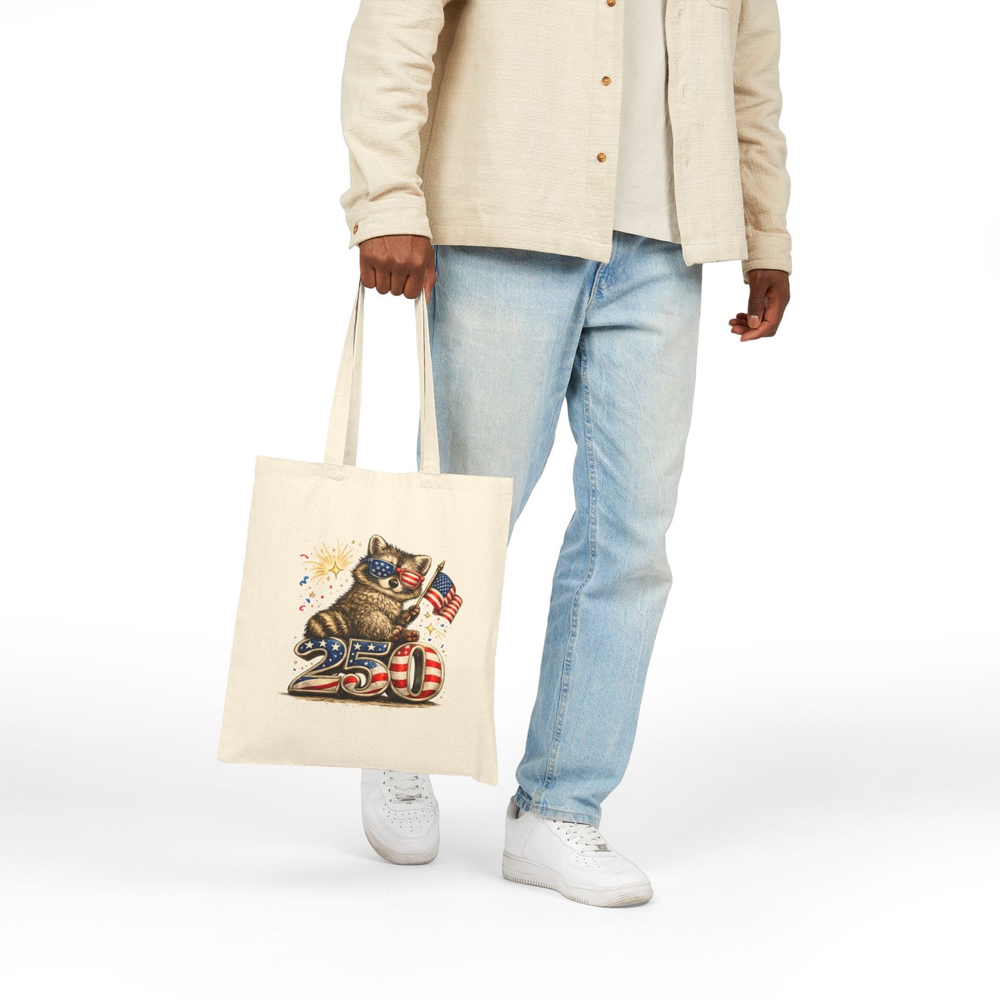 Patriotic Raccoon Fireworks Tote Bag — '250' Canvas Tote for Fourth of July