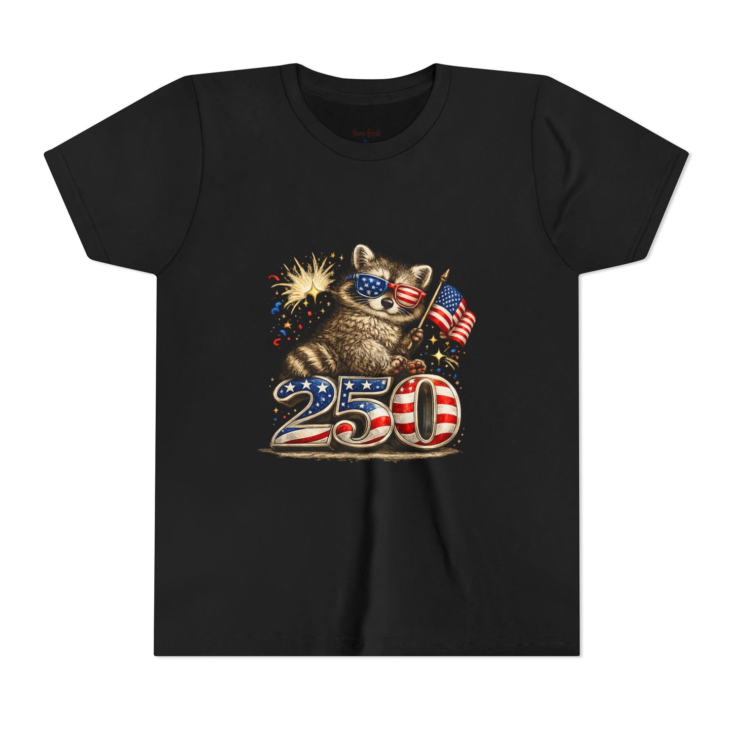 Patriotic Raccoon Youth Tee — Raccoon with American Flag & Fireworks